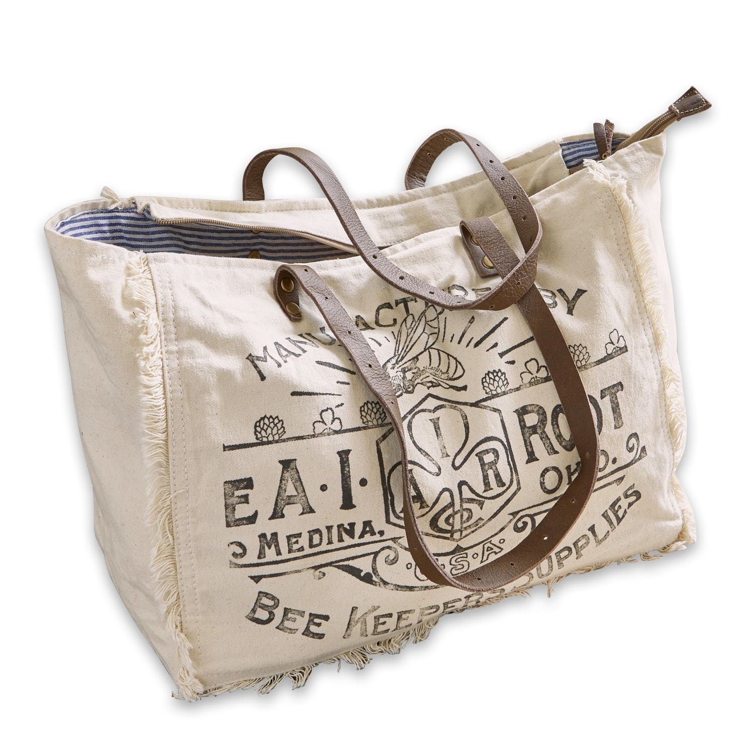 crema/marrón Bolsa crema de algodón con asas de cuero marrón y estampado de abeja, bolsa de compras