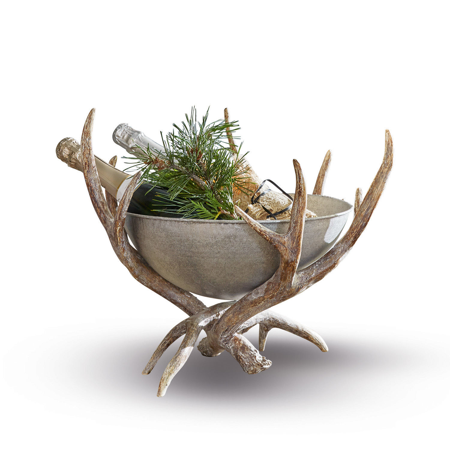 Cuenco decorativo con interior cerámico gris y soporte de imitación asta con ramas y botellas