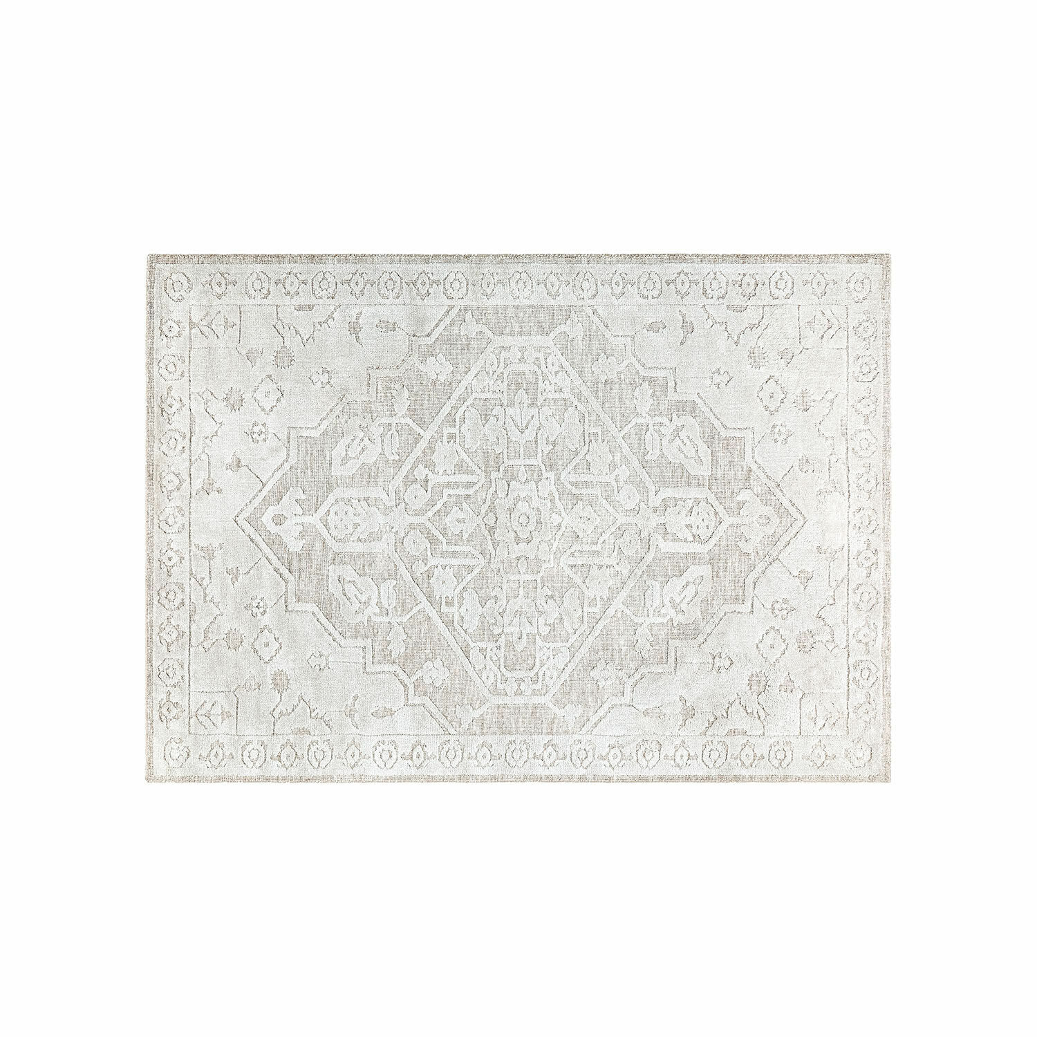 Alfombra decorativa en tonos beige claros con patrón geométrico, material suave, estilo vintage
