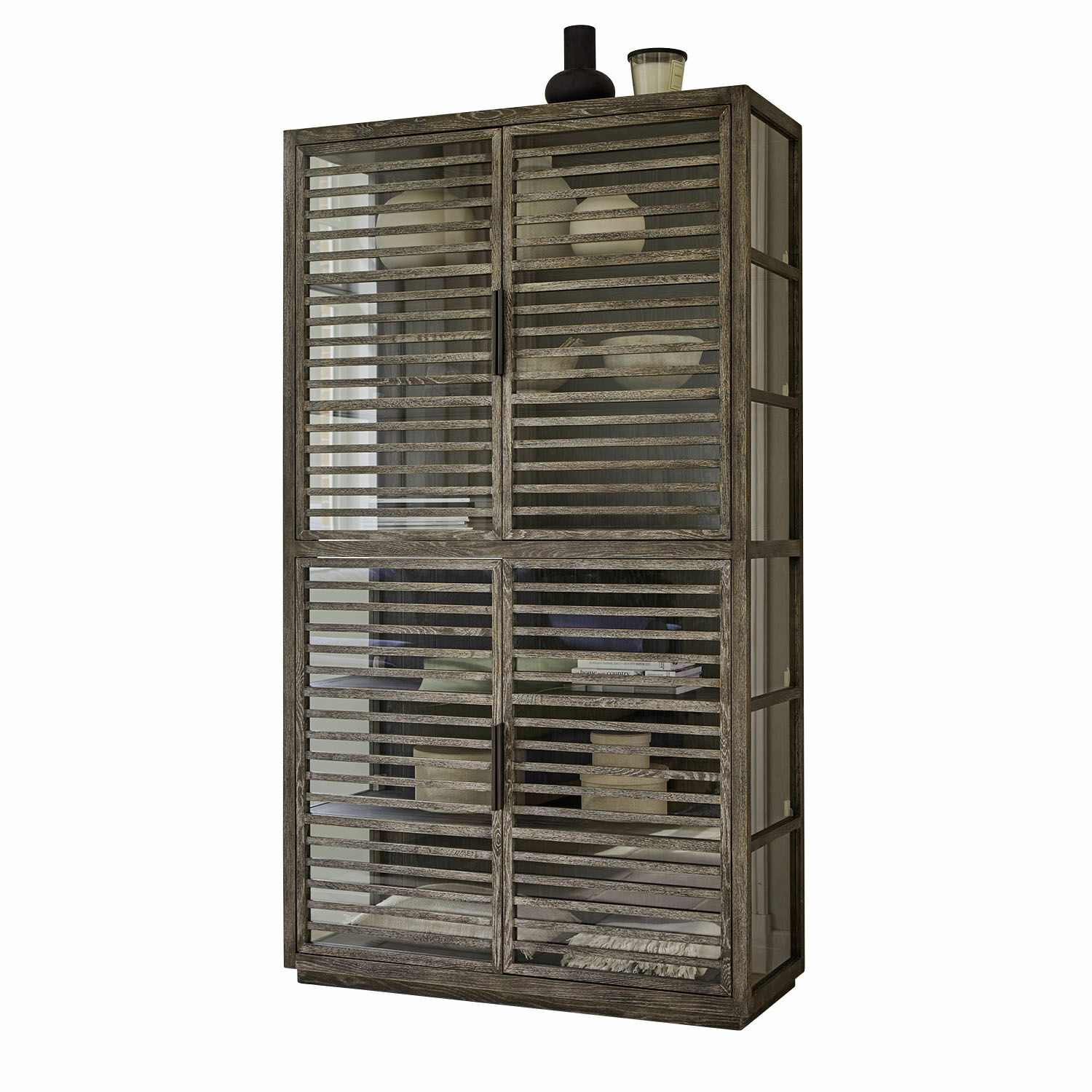 Armario Trowbridge Vitrina de madera gris con puertas de cristal y lamas horizontales, mueble moderno para salón