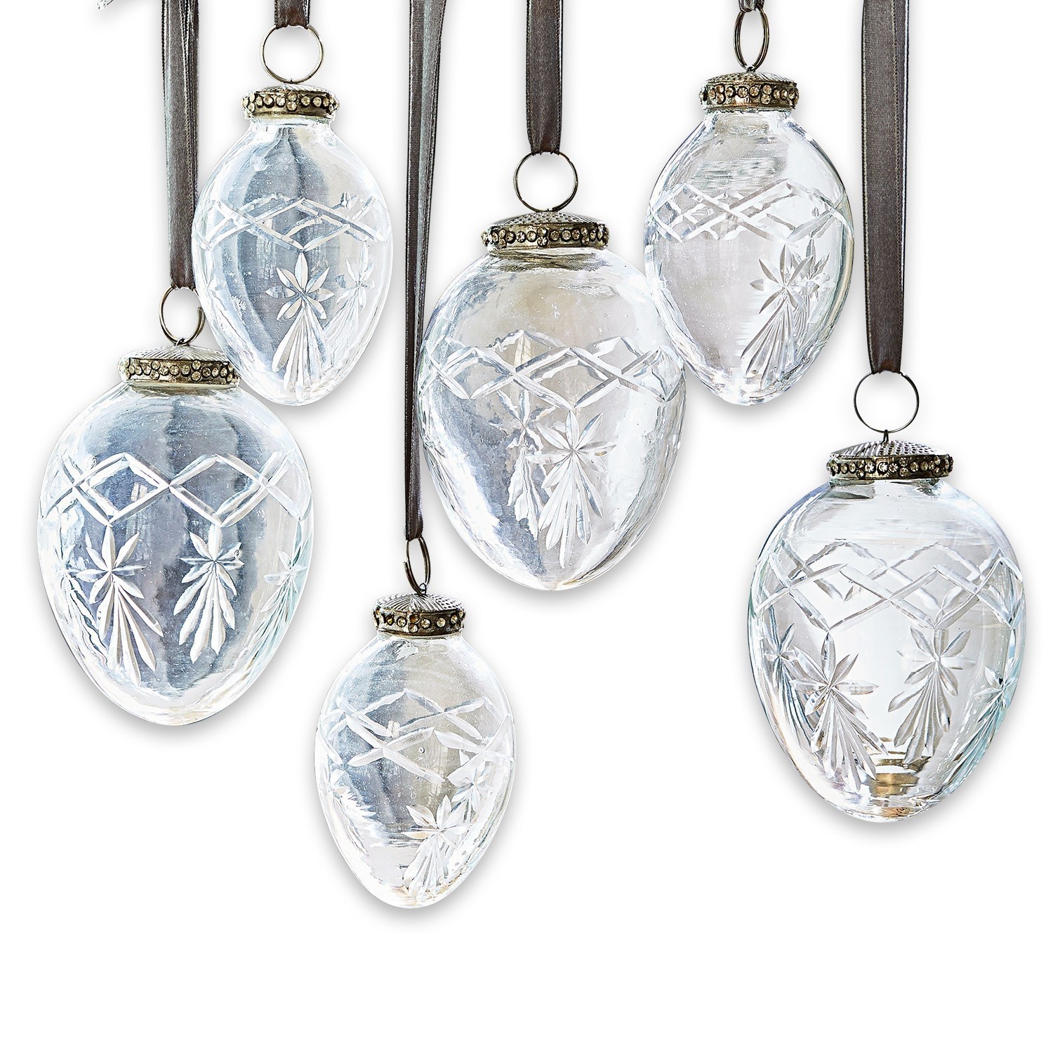 Set de 6 adornos navideños Roncey Adornos navideños de vidrio transparente con diseño grabado y cinta marrón para colgar