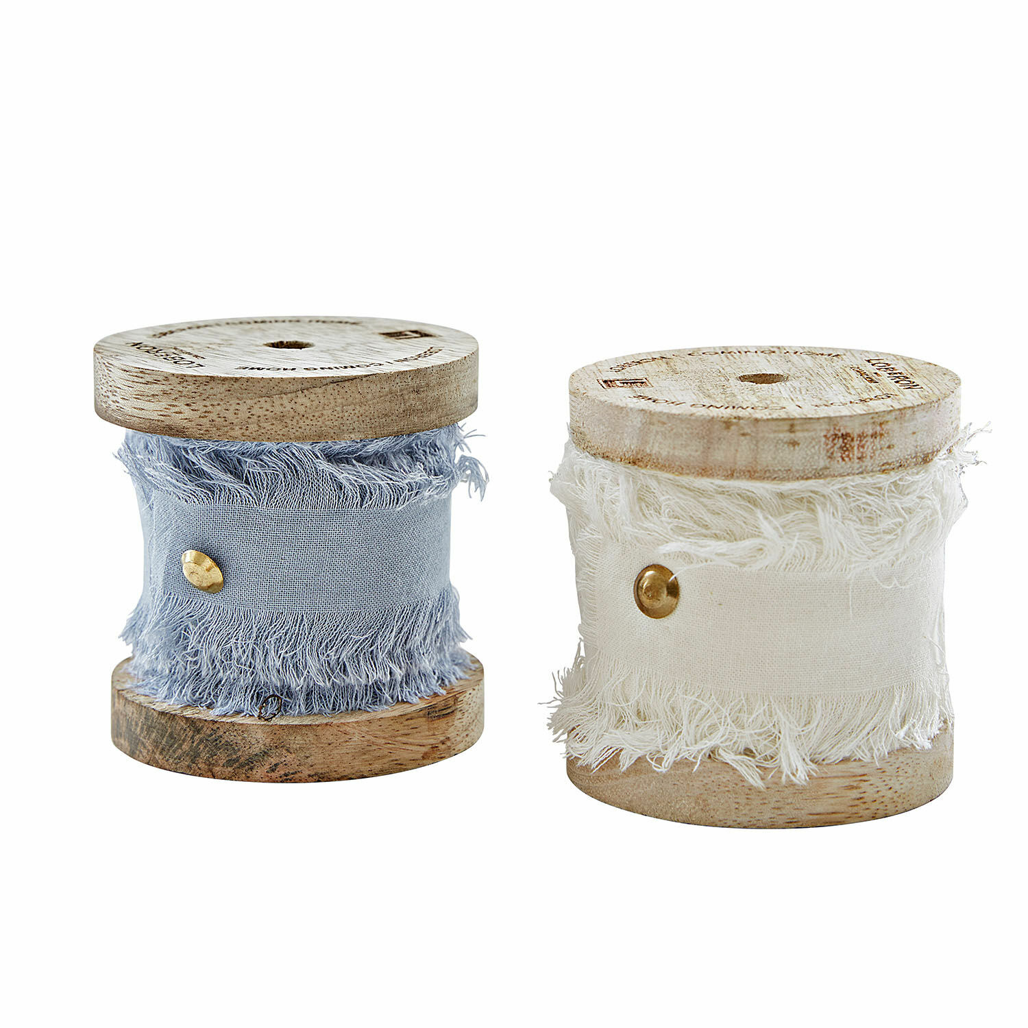 Set de dos cintas decorativas Valethor de algodón azul y crema en carretes de madera natural