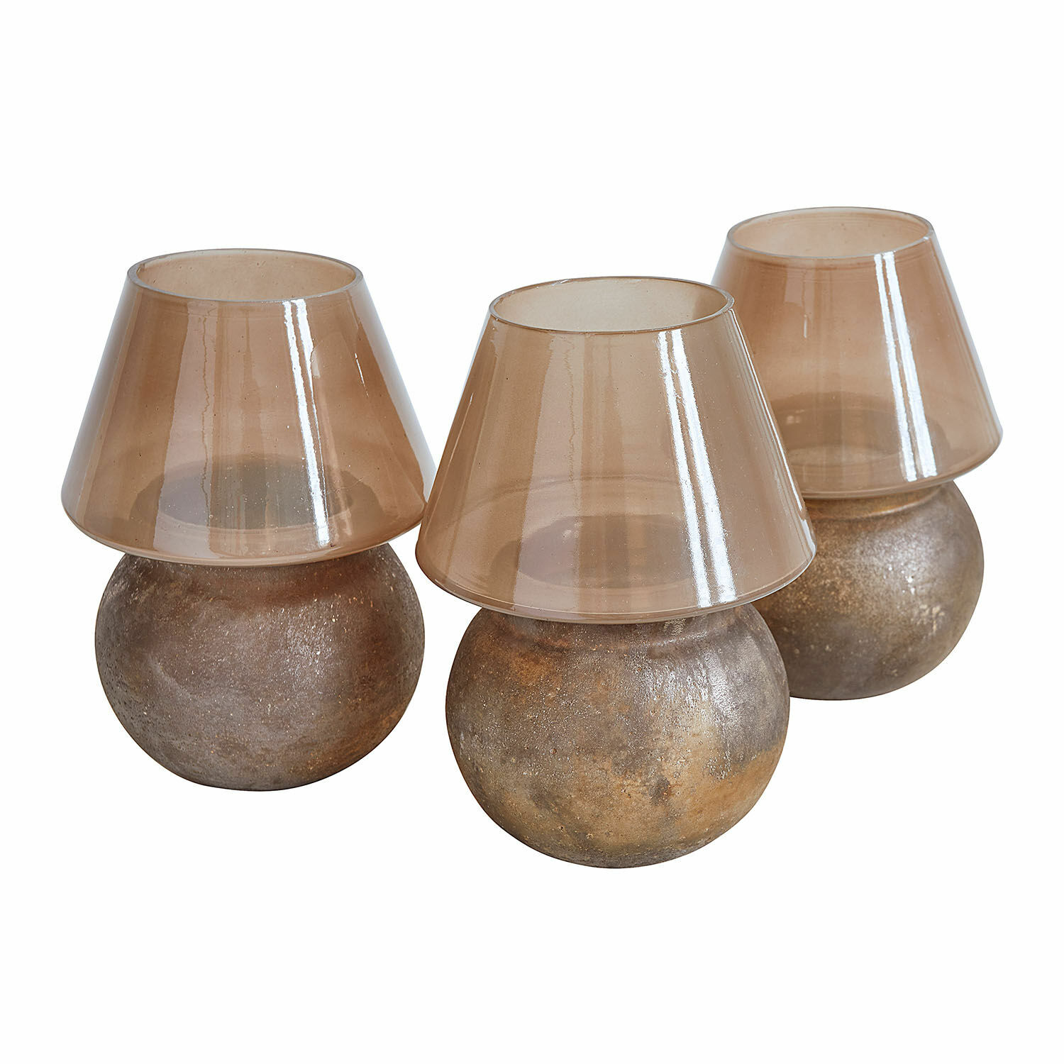 Conjunto de tres lámparas de mesa de vidrio marrón y metal con diseño rústico para decoración interior