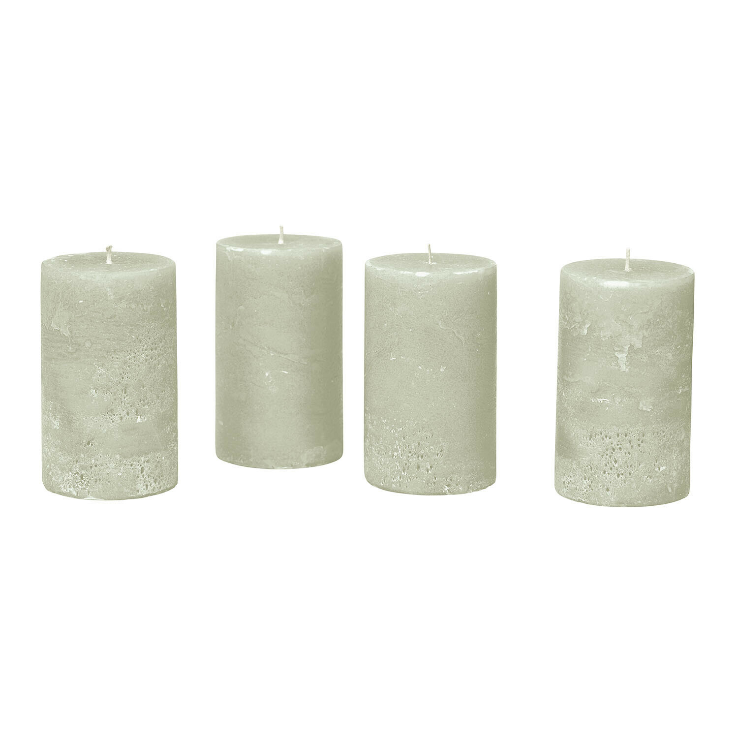 salvia Set de 4 velas Braga en color salvia con textura rústica para decoración interior