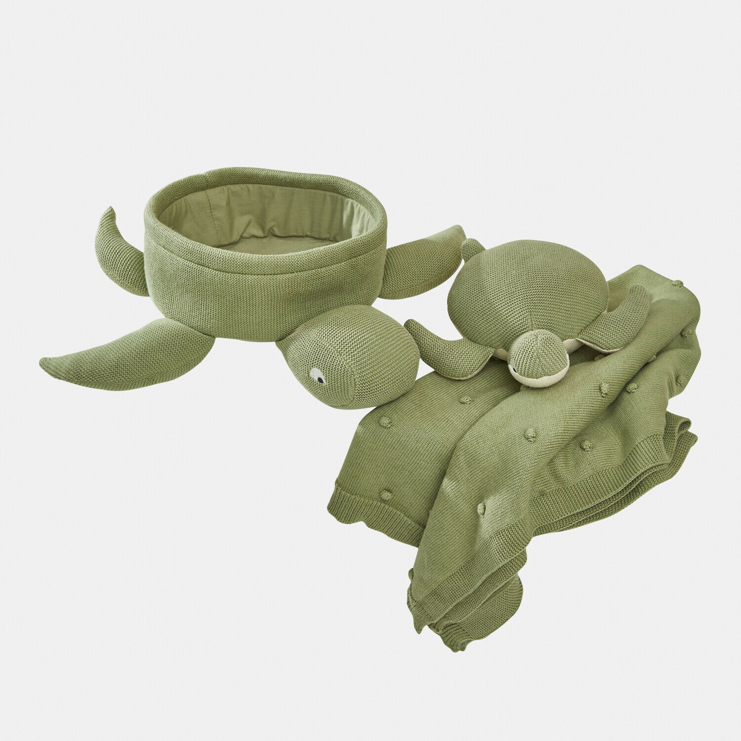 Set de peluches Bubbilo Contenedor y juguete tortuga tejidos verdes de material suave, decoración y organización para habitación infantil