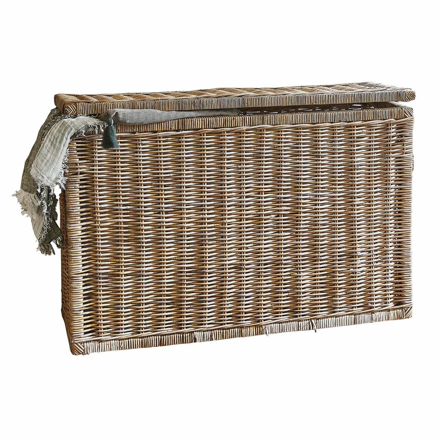 Baúl East Ryde Gran cesta de almacenamiento de ratán natural con tapa y tela gris decorativa