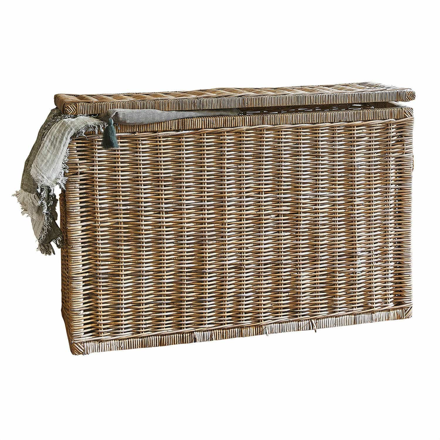 Baúl East Ryde Gran cesta de almacenamiento de ratán natural con tapa y tela gris decorativa