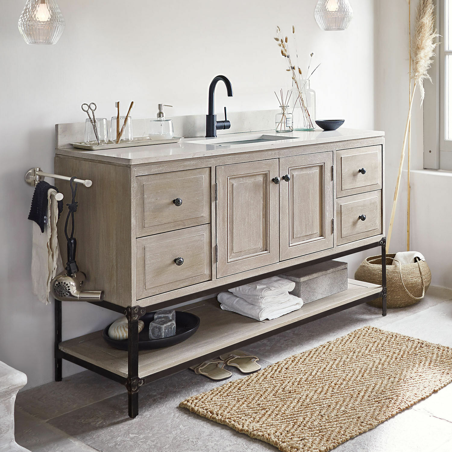Lavabo Bayeaux Mueble de baño de madera natural con grifo negro y encimera de mármol claro