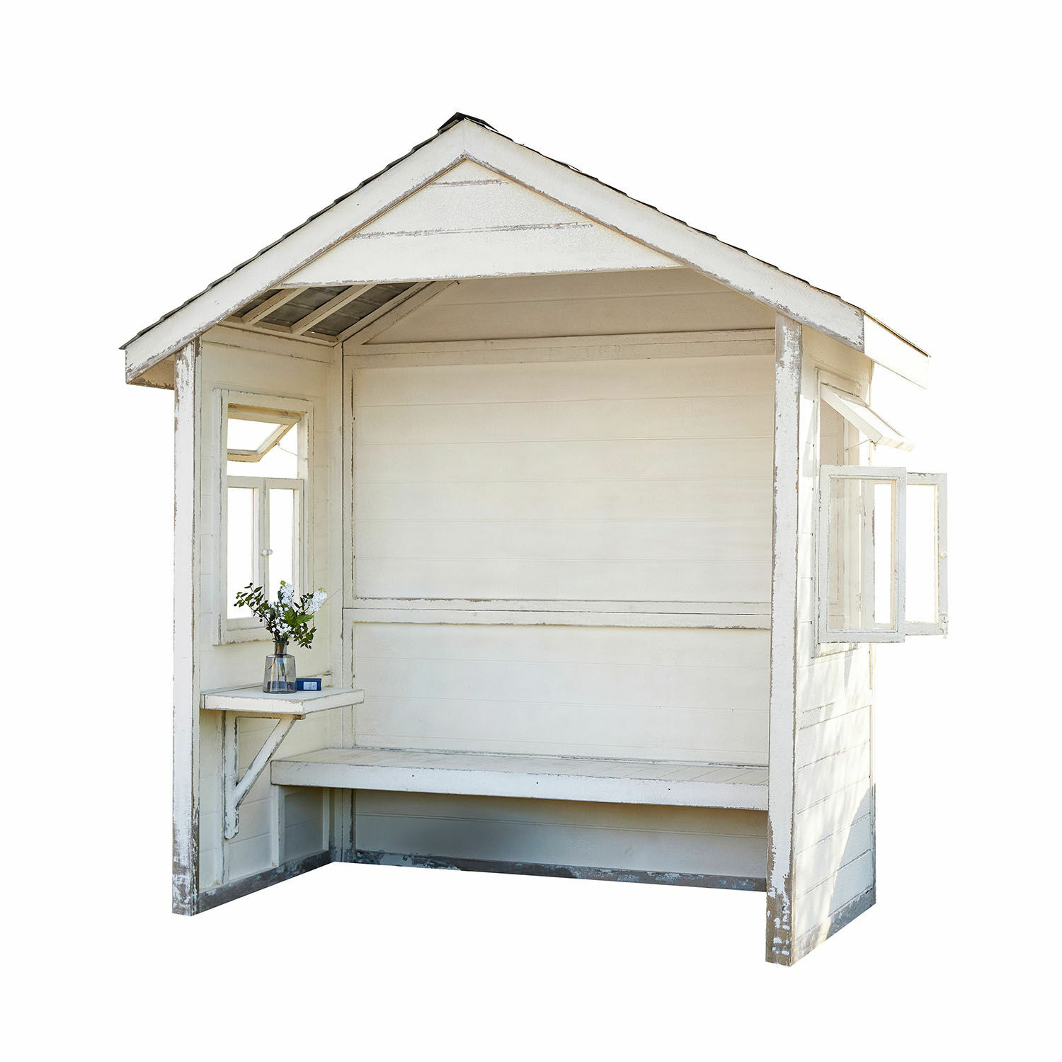 Caseta de jardín Matoury Pérgola de jardín de madera blanca con banco y ventanas abatibles, estilo rústico