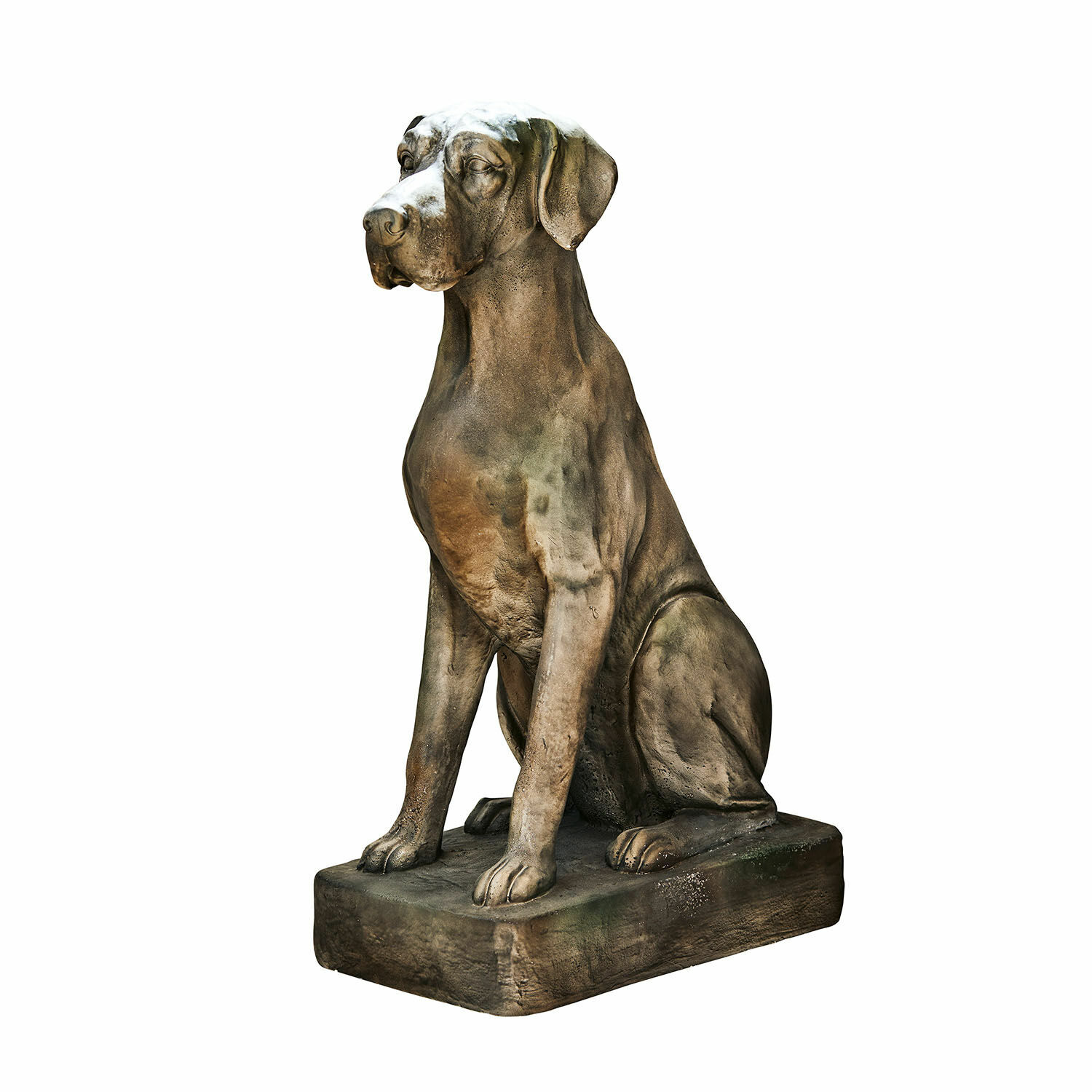 Perro decorativo Jules Escultura de perro en piedra marrón sobre base rectangular, decoración de jardín
