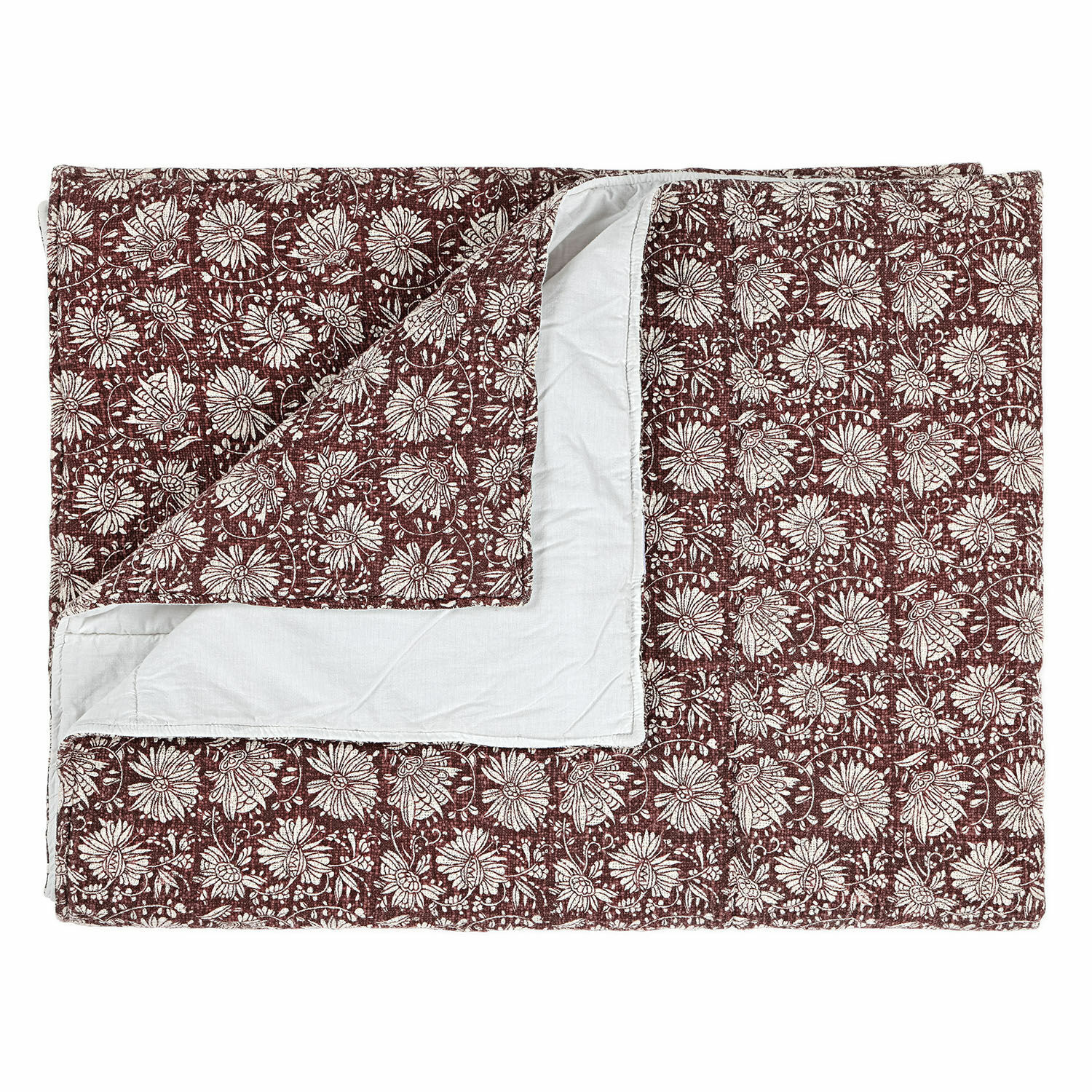 Plaid Soleique Colcha reversible de algodón con diseño floral burdeos y reverso blanco, ropa de cama decorativa
