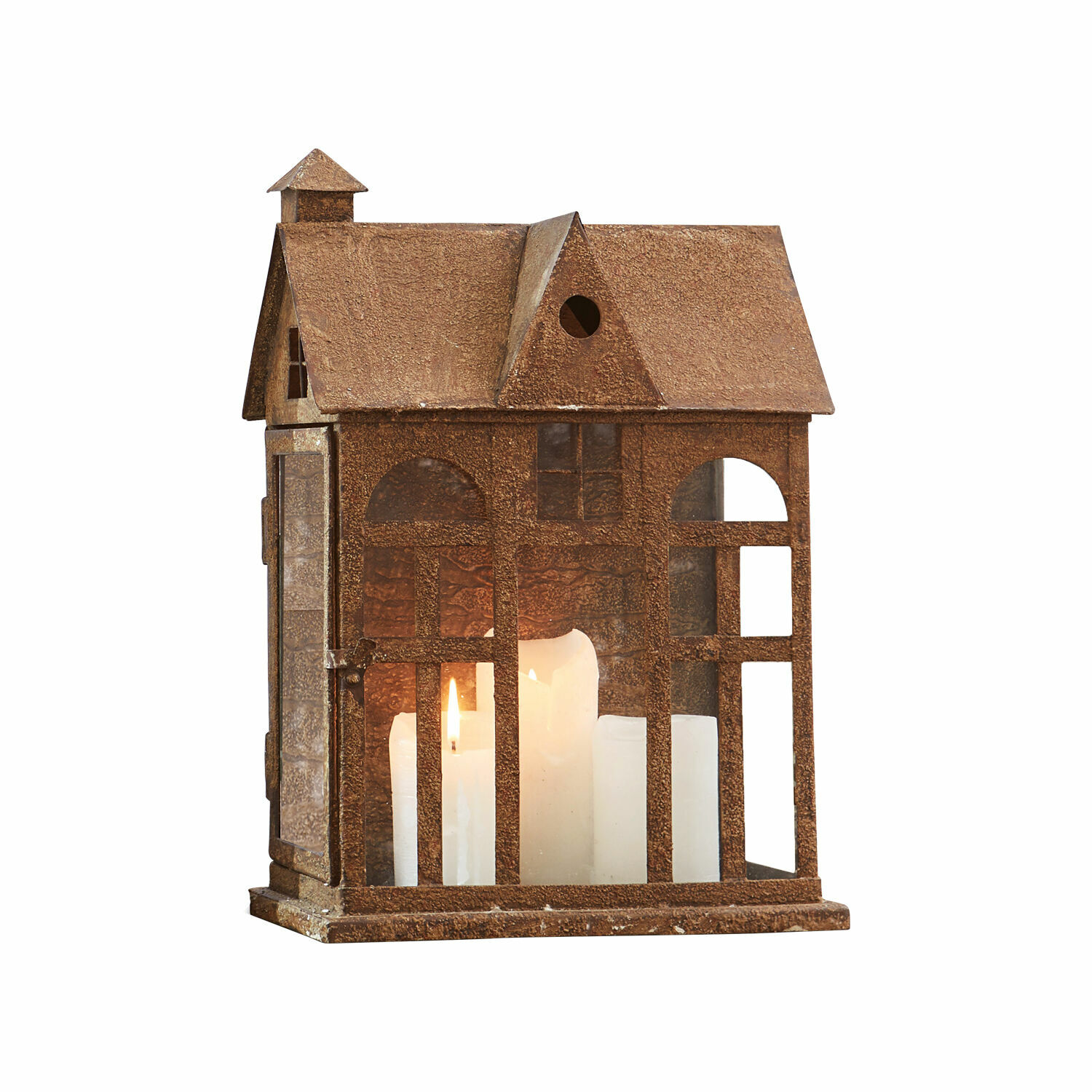 marrón rojizo Linterna en forma de casa de metal oxidado con velas blancas, decoración para interior y exterior