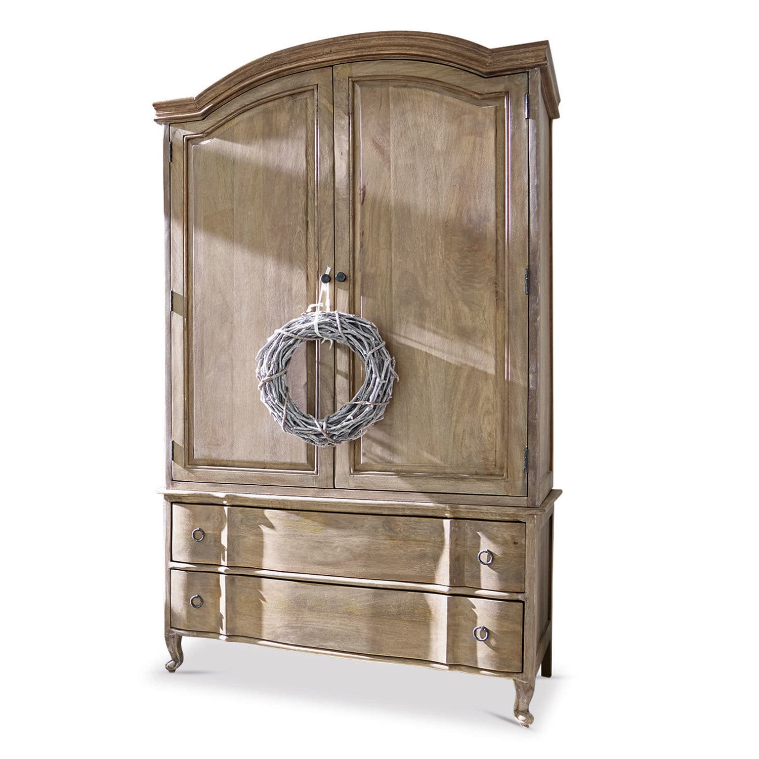 Armario de madera natural con dos puertas y dos cajones, almacenamiento funcional para el hogar