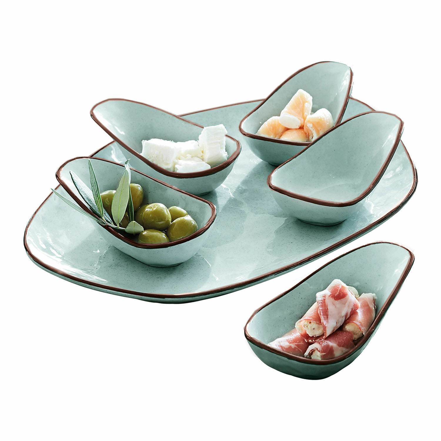 Set de 5 cuencos y plato de servir Biarré Juego de cuencos y plato de cerámica verde menta con borde marrón para servir aperitivos