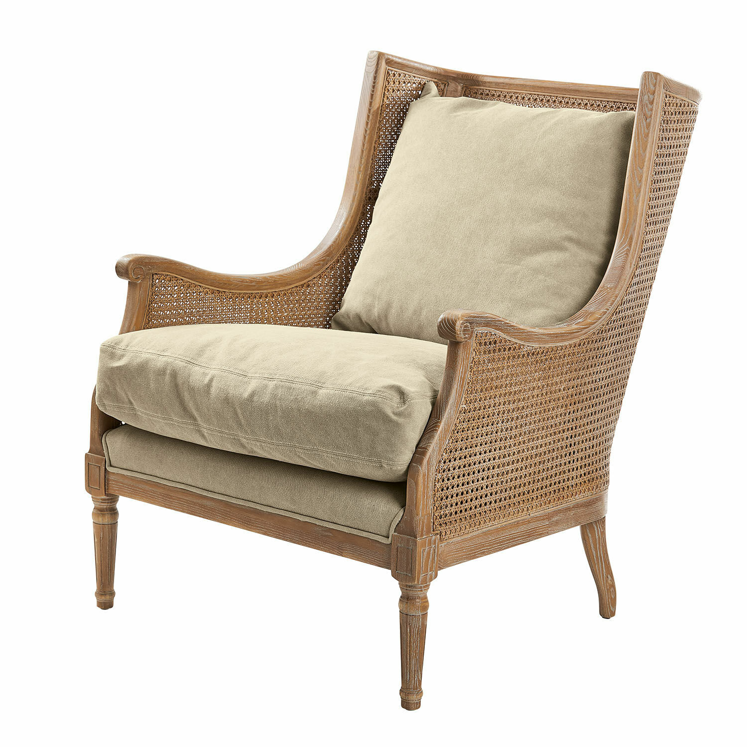 Sillón Greenbrier Sillón vintage de madera y rejilla con cojines beige, asiento cómodo para sala de estar