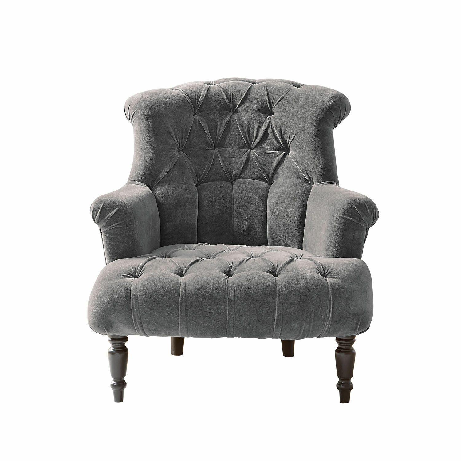 gris Sillón Parranquet gris de tela suave con respaldo capitoné y patas de madera oscura