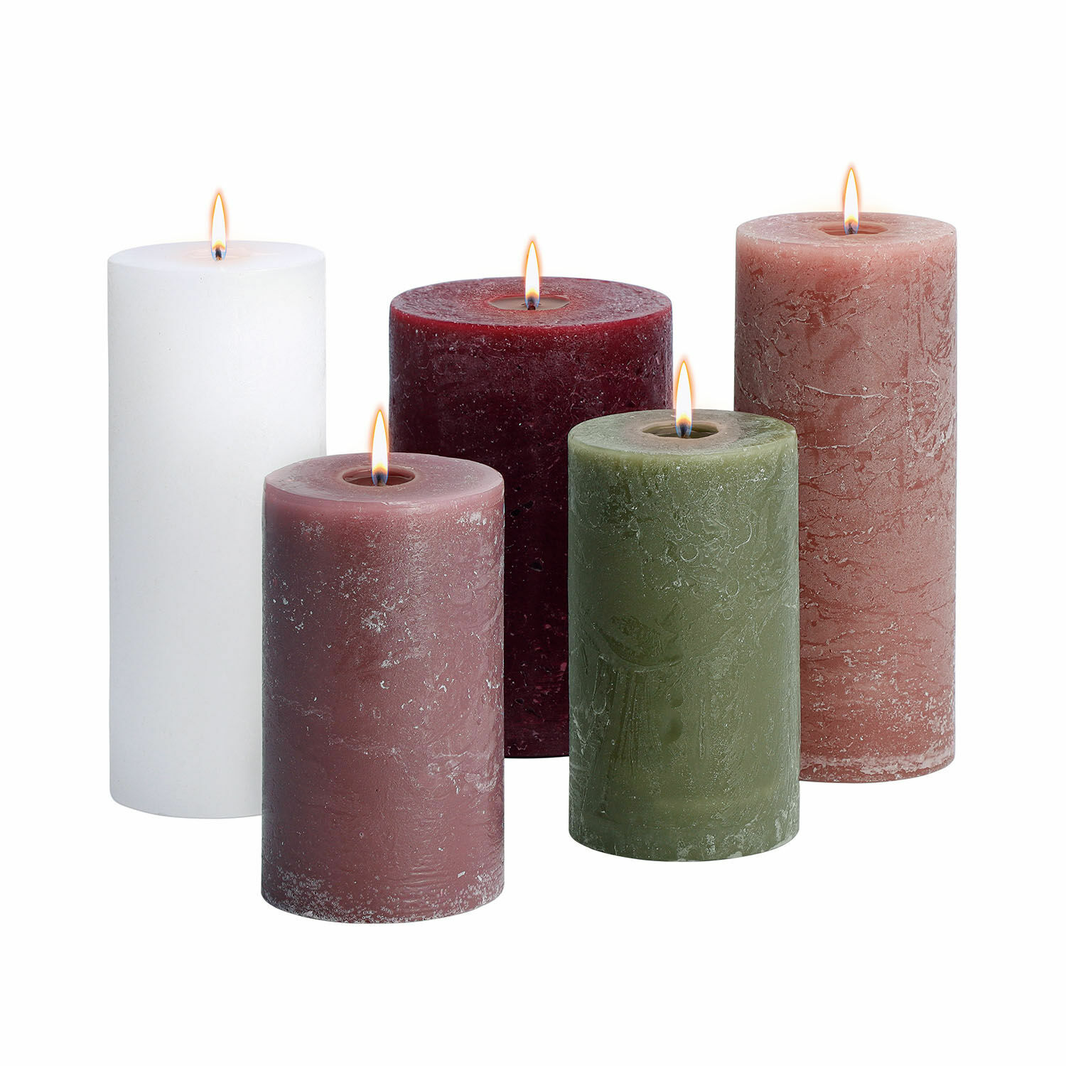 Set de 5 velas Panagra Conjunto de cinco velas de cera en varios colores: blanco, burdeos, verde y tonos rosas, decorativas