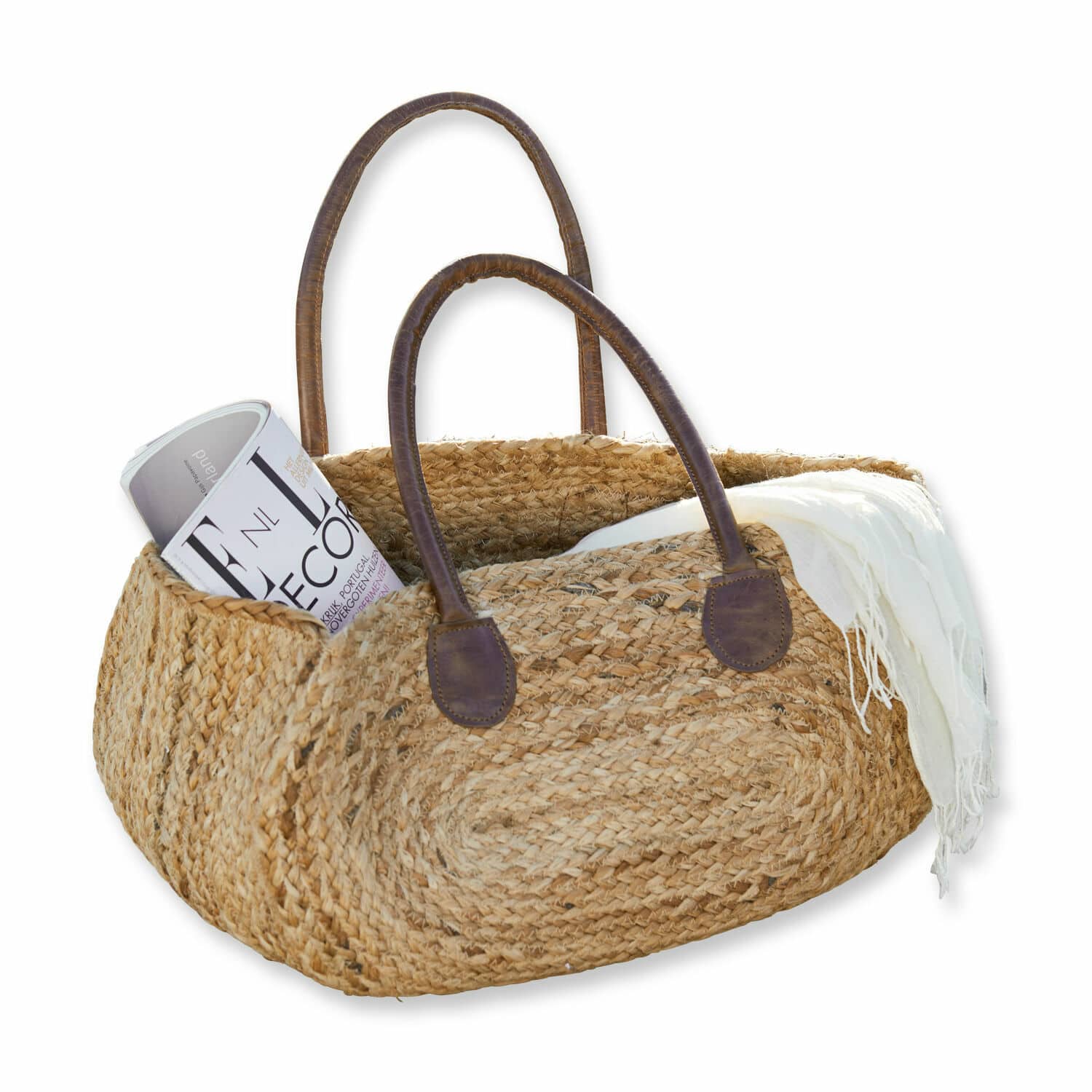 Bolso Gravesend Bolsa trenzada de esparto con asas de cuero marrón, color natural, bolsa para compras