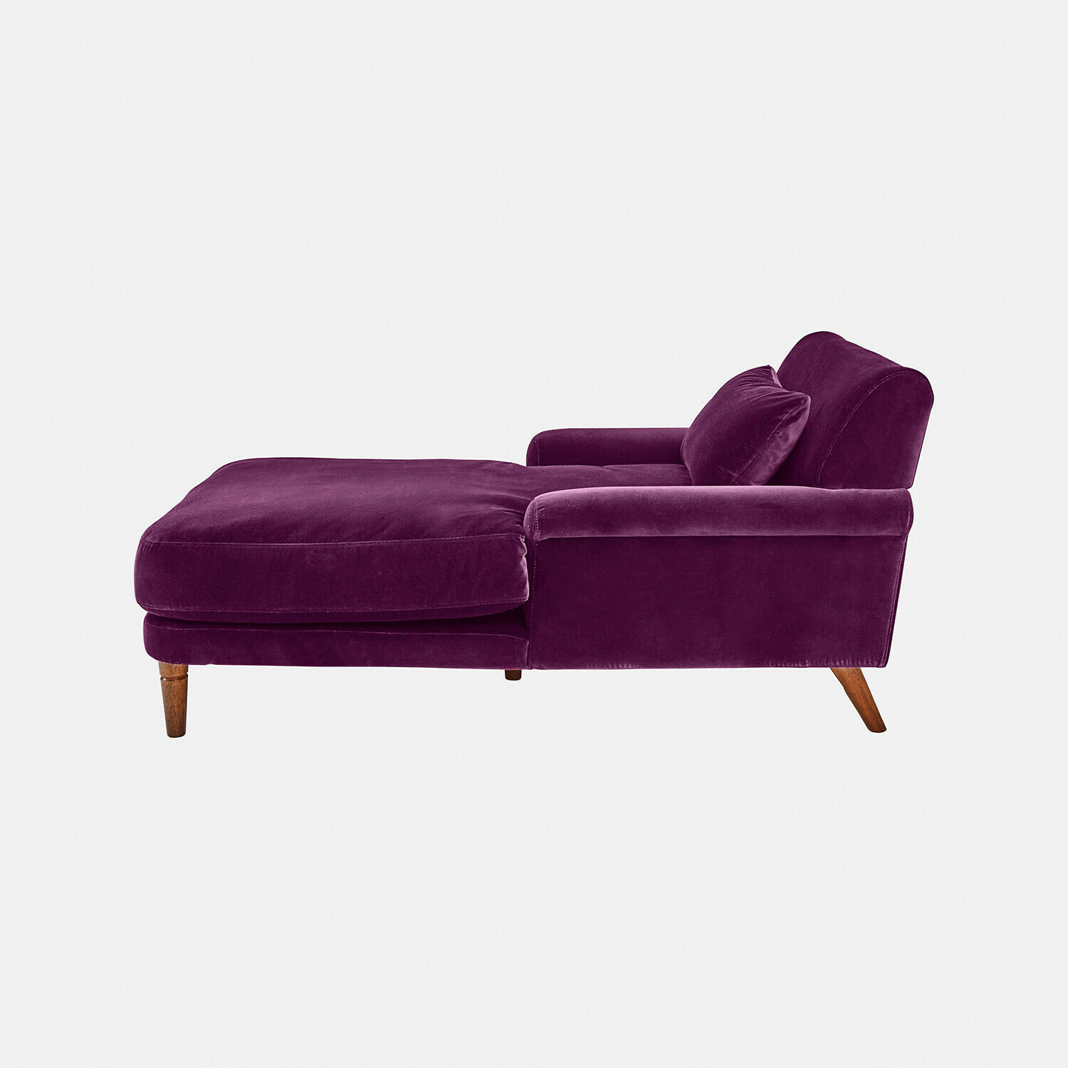 morado Chaise longue Jouvrelle de terciopelo lila con patas de madera, cómoda para salón y descanso