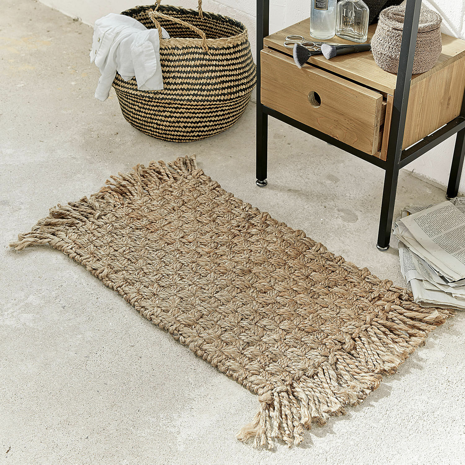 Felpudo Moody Alfombra tejida a mano de yute natural con flecos, decoración para interiores y suelos
