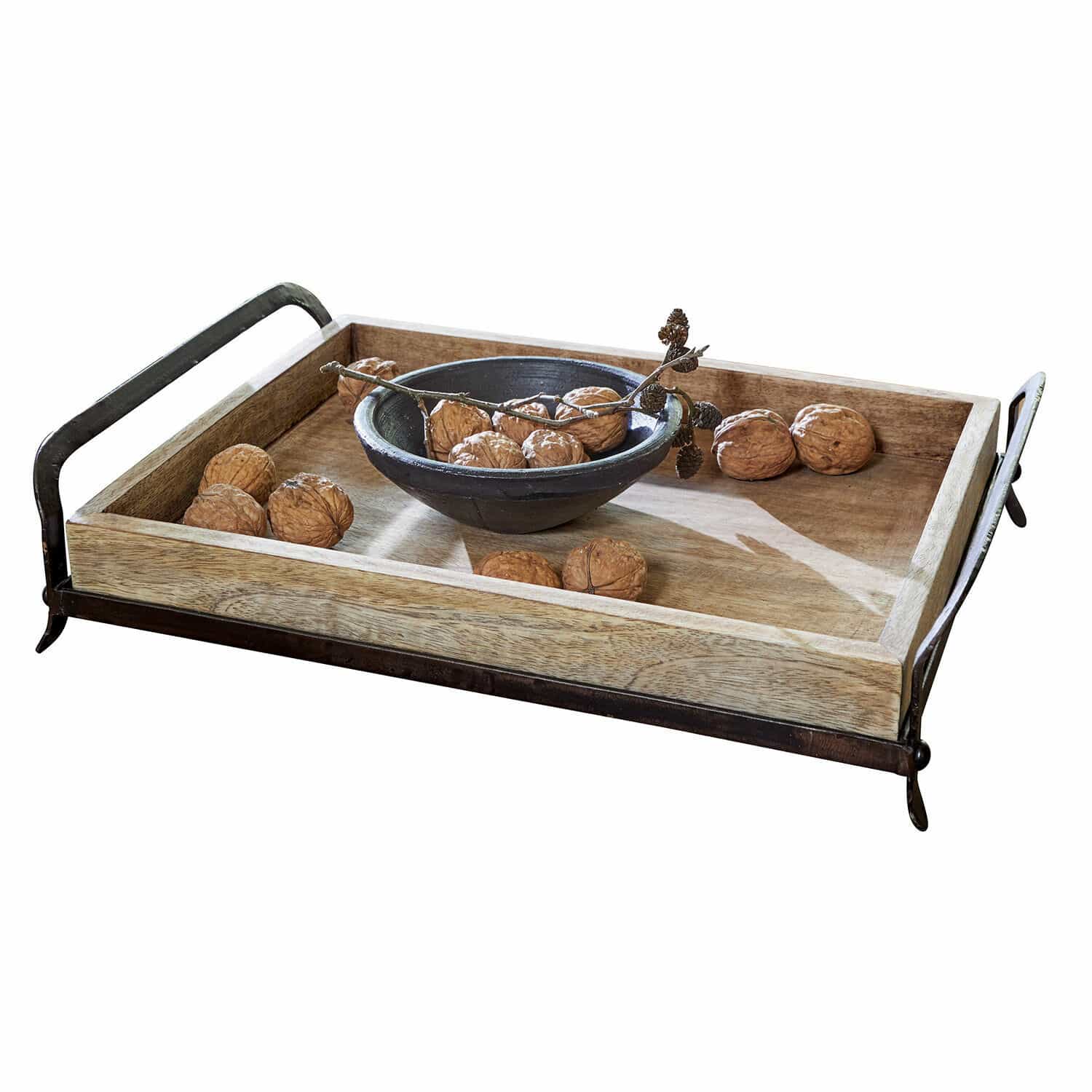 Bandeja Troyes Bandeja de madera con asas de metal y cuenco negro con nueces para decoración interior