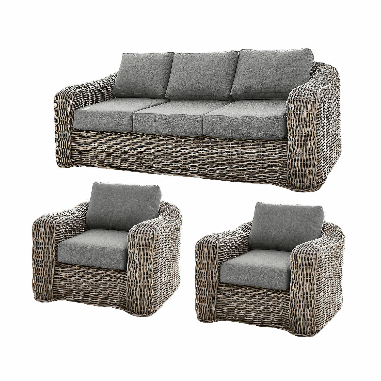 Grupo de asientos Upminster Conjunto de muebles de jardín de ratán sintético gris con cojines, sofá y dos sillones