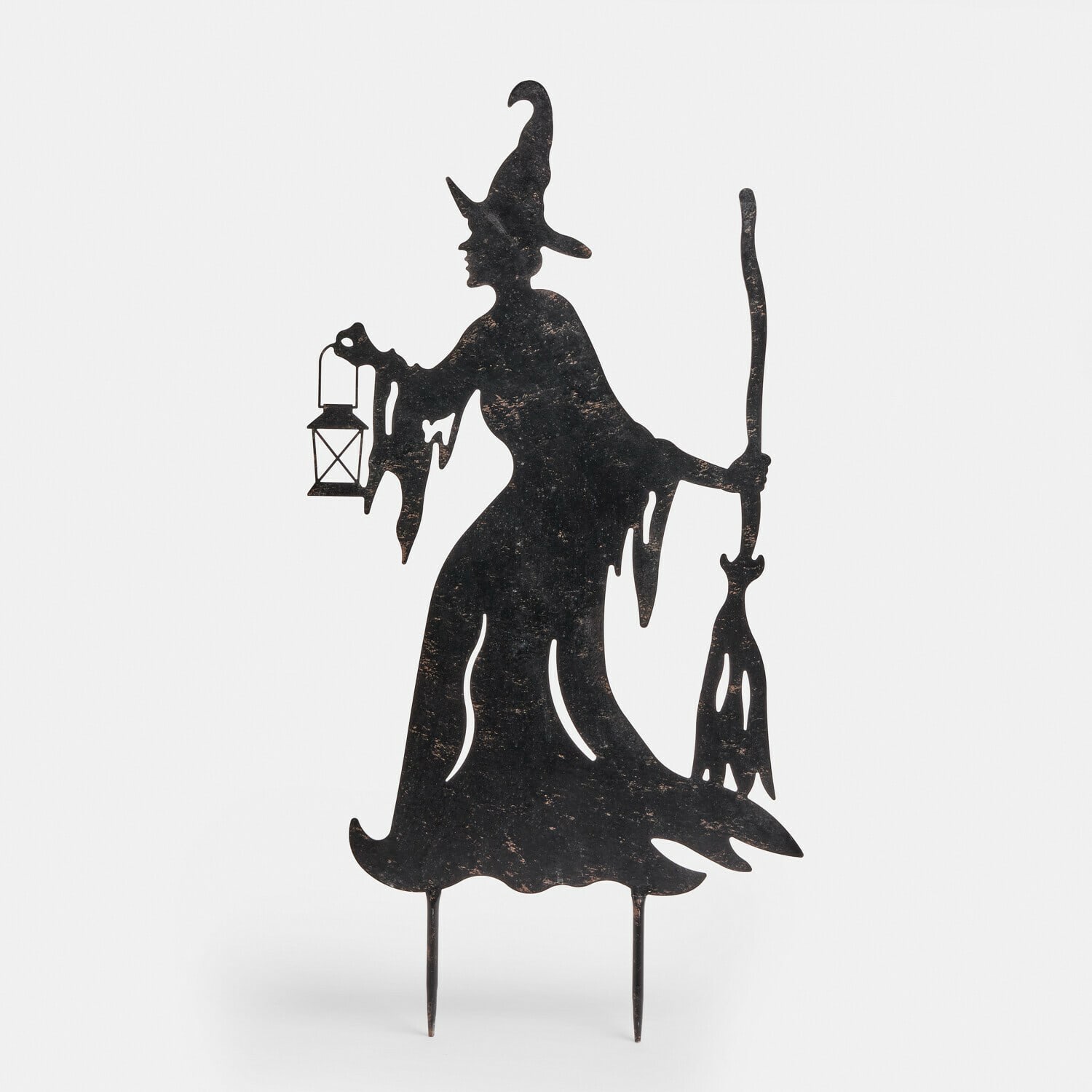 Estaca de jardín Talmora Decoración de jardín de metal negro con forma de bruja con linterna y escoba para Halloween