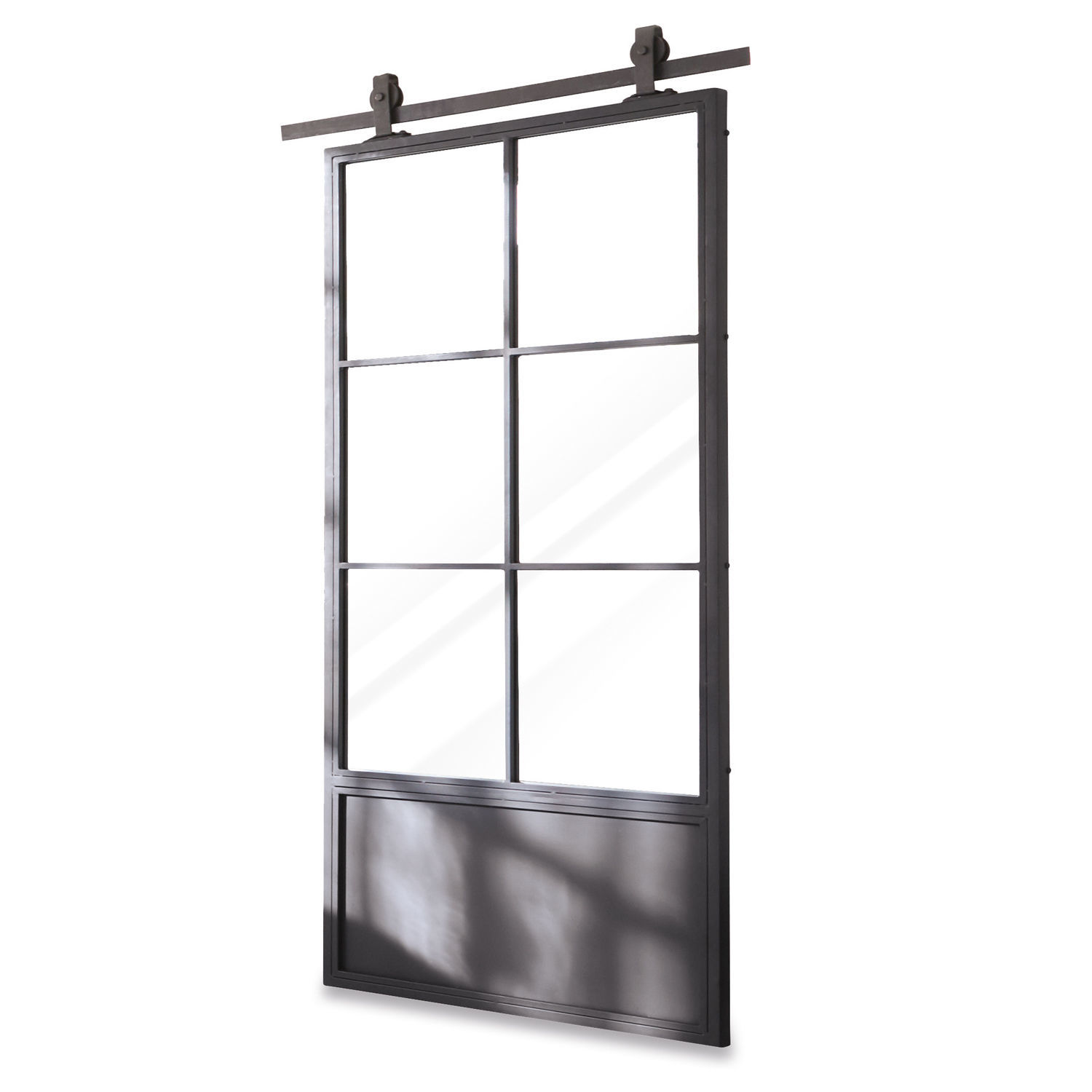 Puerta corredera Bonnaire Puerta corredera estilo loft de metal negro y vidrio, diseño industrial para interiores