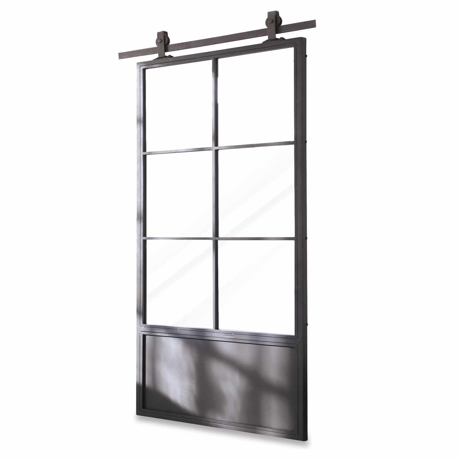 Puerta corredera Bonnaire Puerta corredera estilo loft de metal negro y vidrio, diseño industrial para interiores
