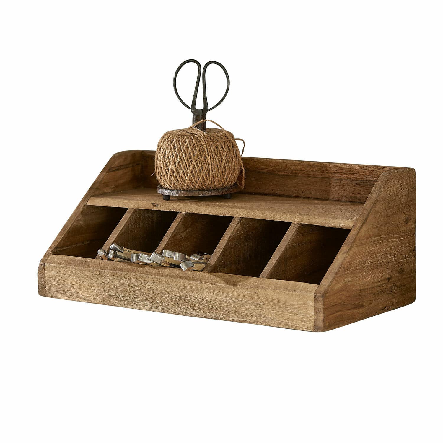 Cubertero Ursélie Organizador de madera con cinco compartimentos y un ovillo de cuerda para guardar accesorios.
