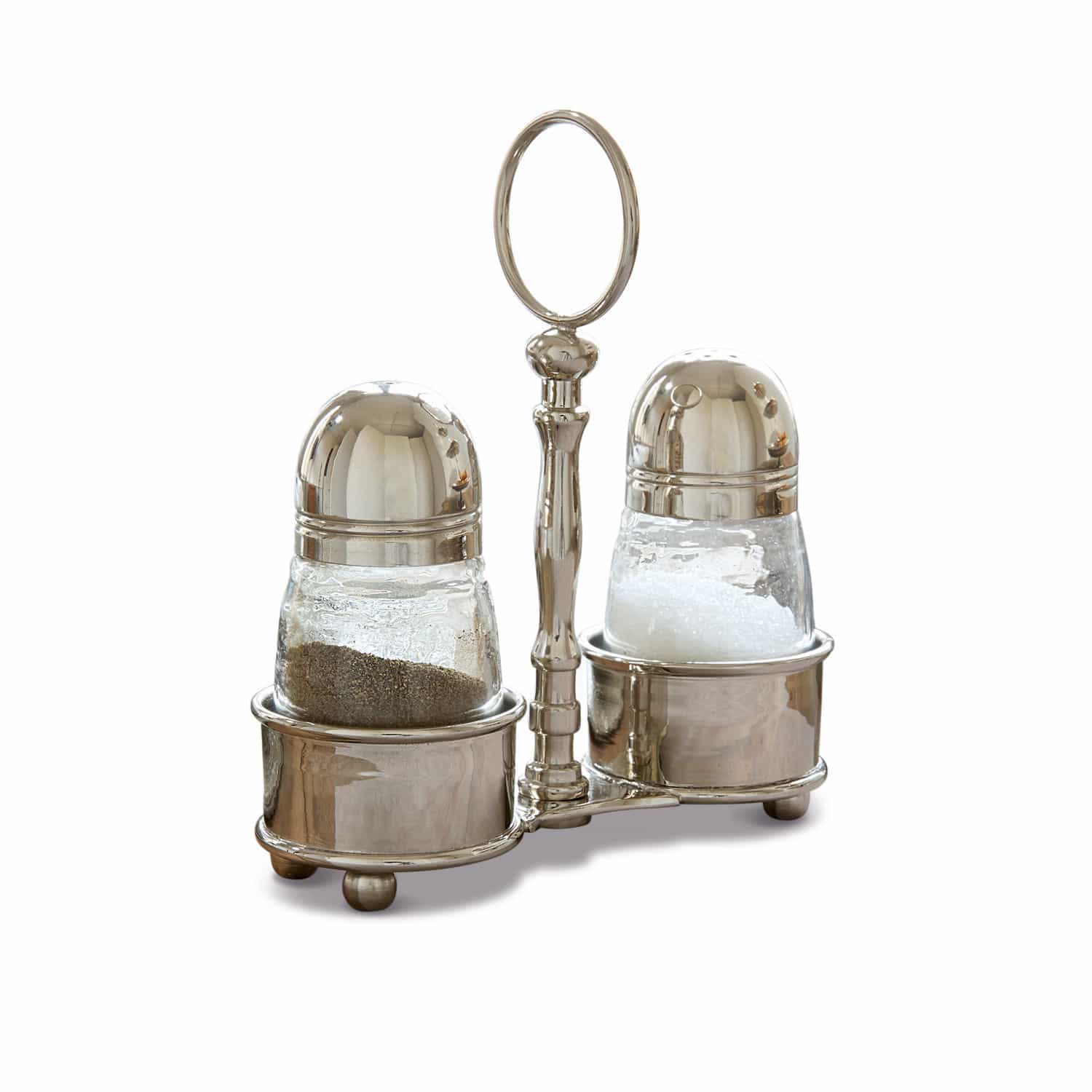 Set de salero y pimentero Beaune Set de salero y pimentero de vidrio con soporte metálico plateado para cocina