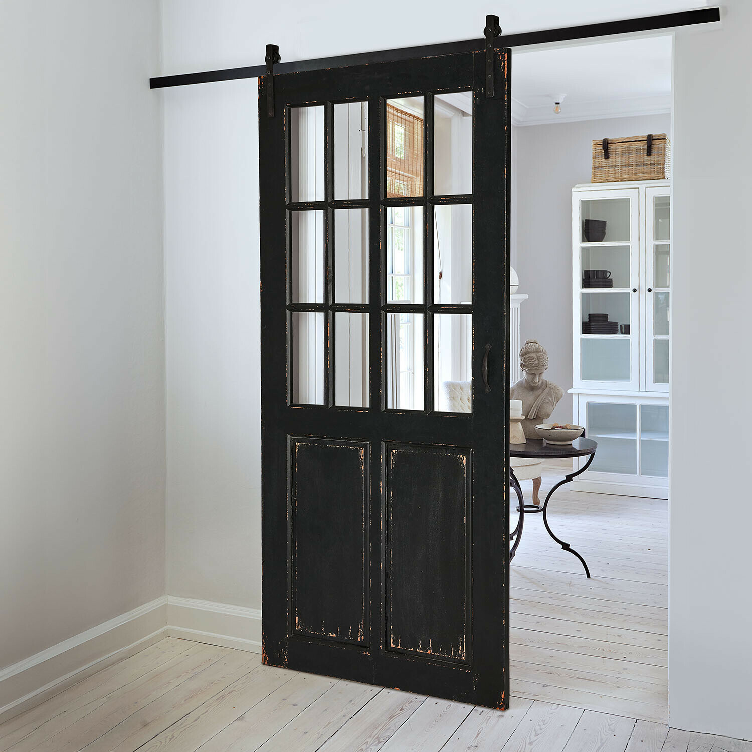 Puerta corredera Sorelles Puerta corredera de madera negra con paneles acristalados estilo vintage para interiores