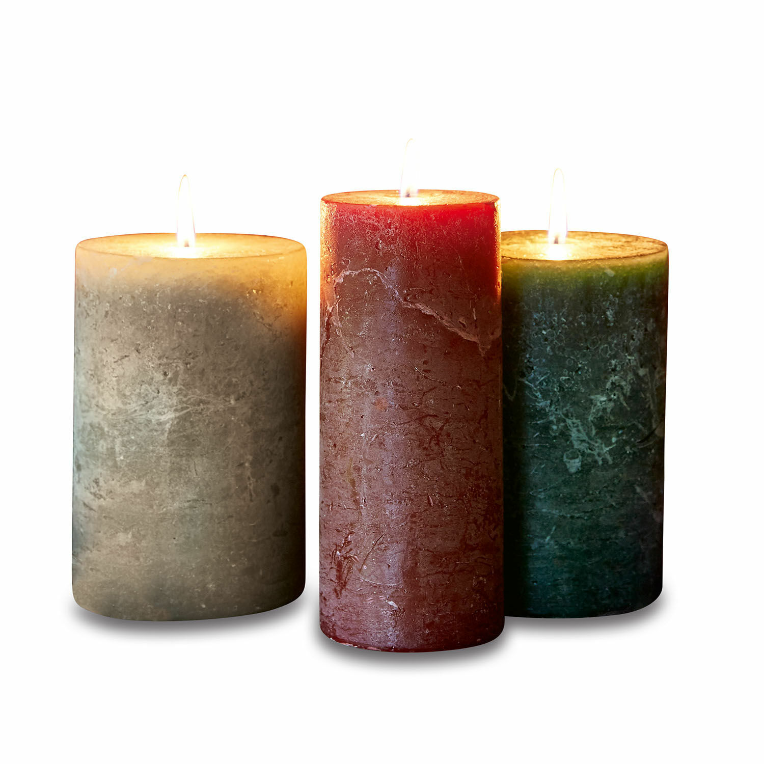 Set de 3 velas de cera coloridas con textura rústica para decoración interior