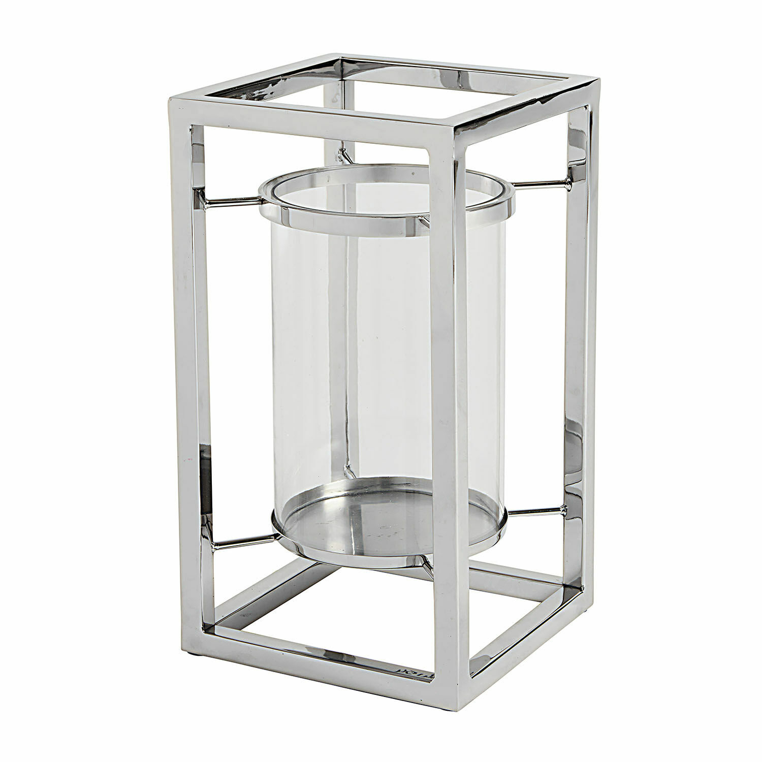 Portavelas moderno de acero inoxidable y vidrio plateado para decoración interior elegante