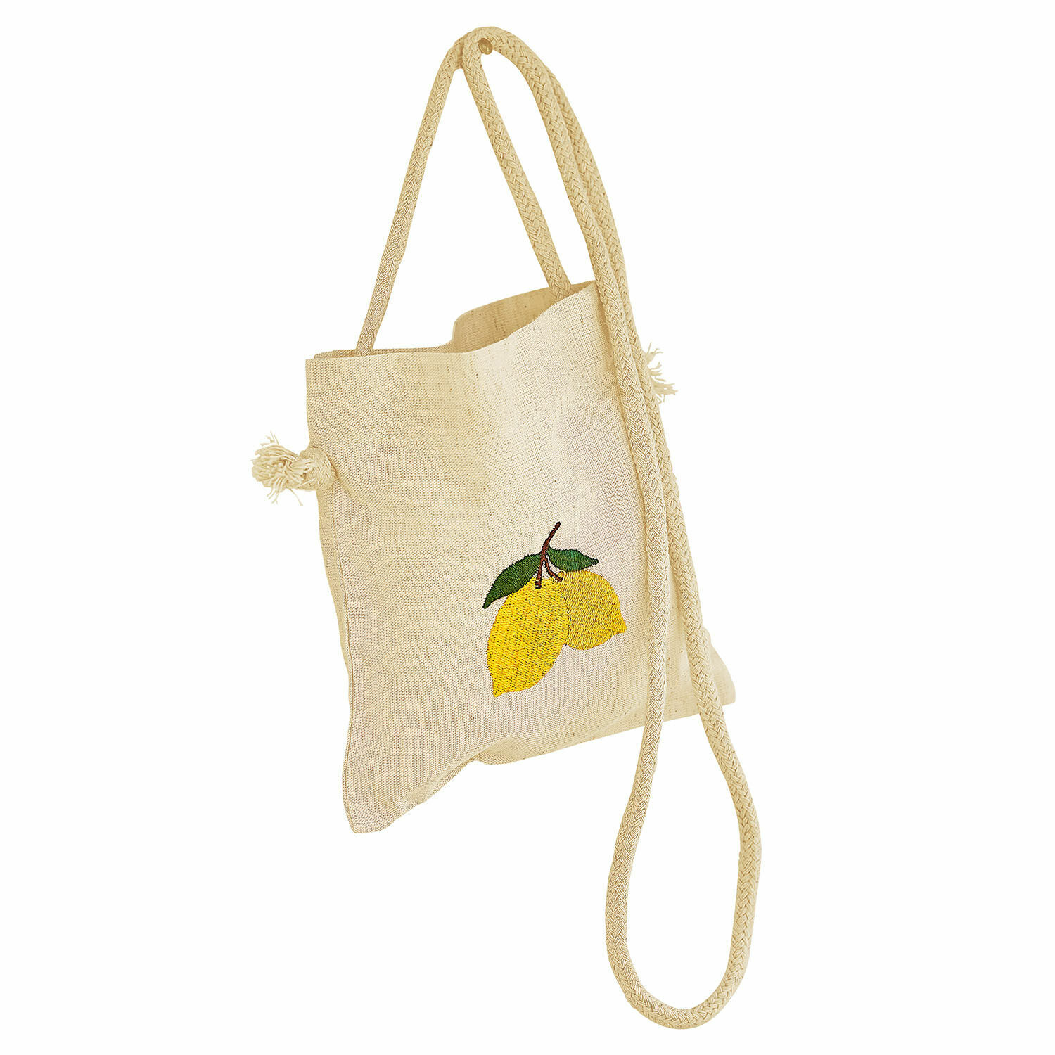 Bolsa Palerina Bolsa de lino beige con bordado de limón y asa larga, bolsa ligera para compras