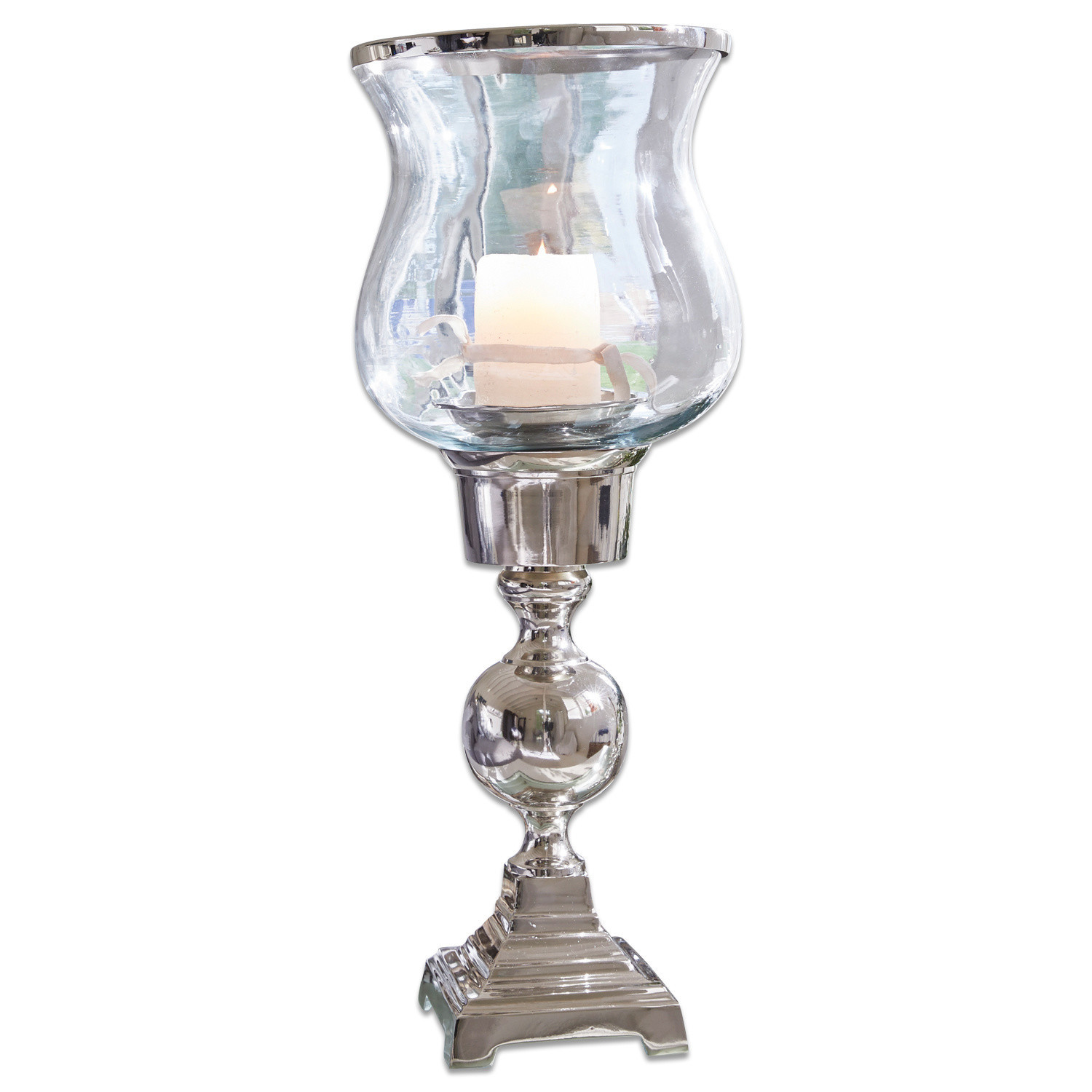 Candelabro plateado con pantalla de vidrio transparente y vela blanca, decoración para interiores