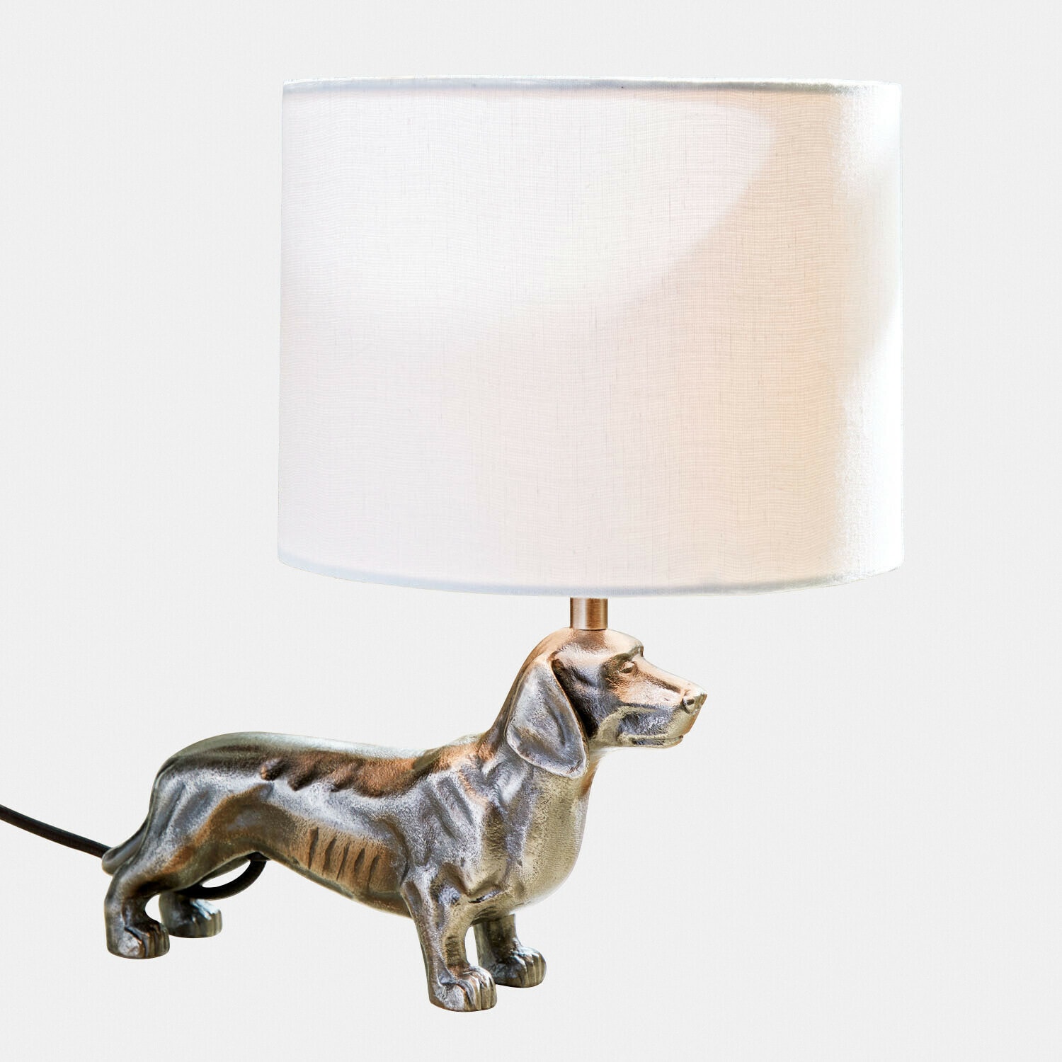 Lámpara de mesa Wendrel Lámpara de mesa con pantalla blanca y base en forma de perro salchicha plateado