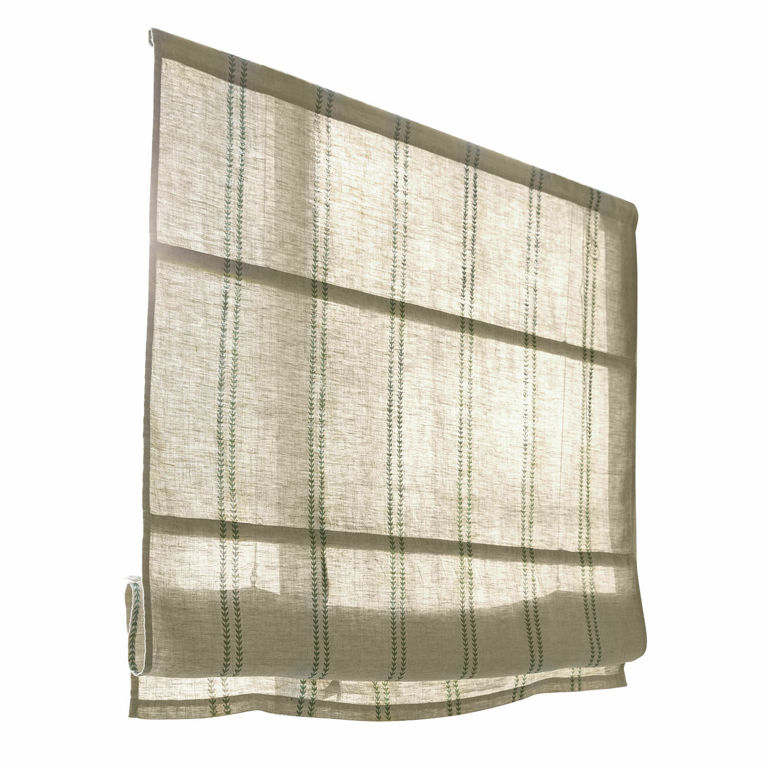 Estor plisado verde de lino con diseño delicado, ideal para decorar ventanas y filtrar la luz