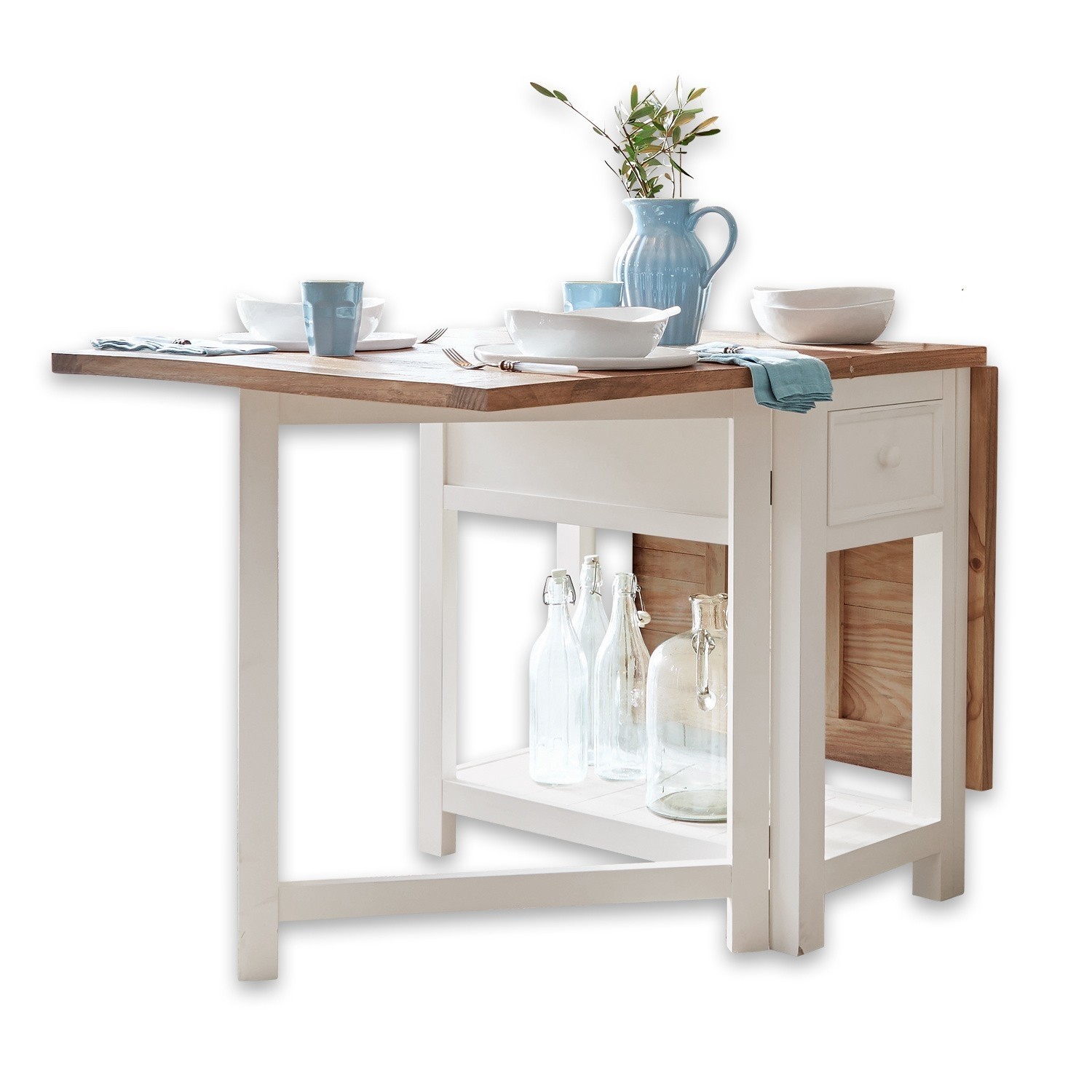 Mesa Dale Mesa plegable de madera blanca con tablero de madera natural, decorada con vajilla y jarra azul