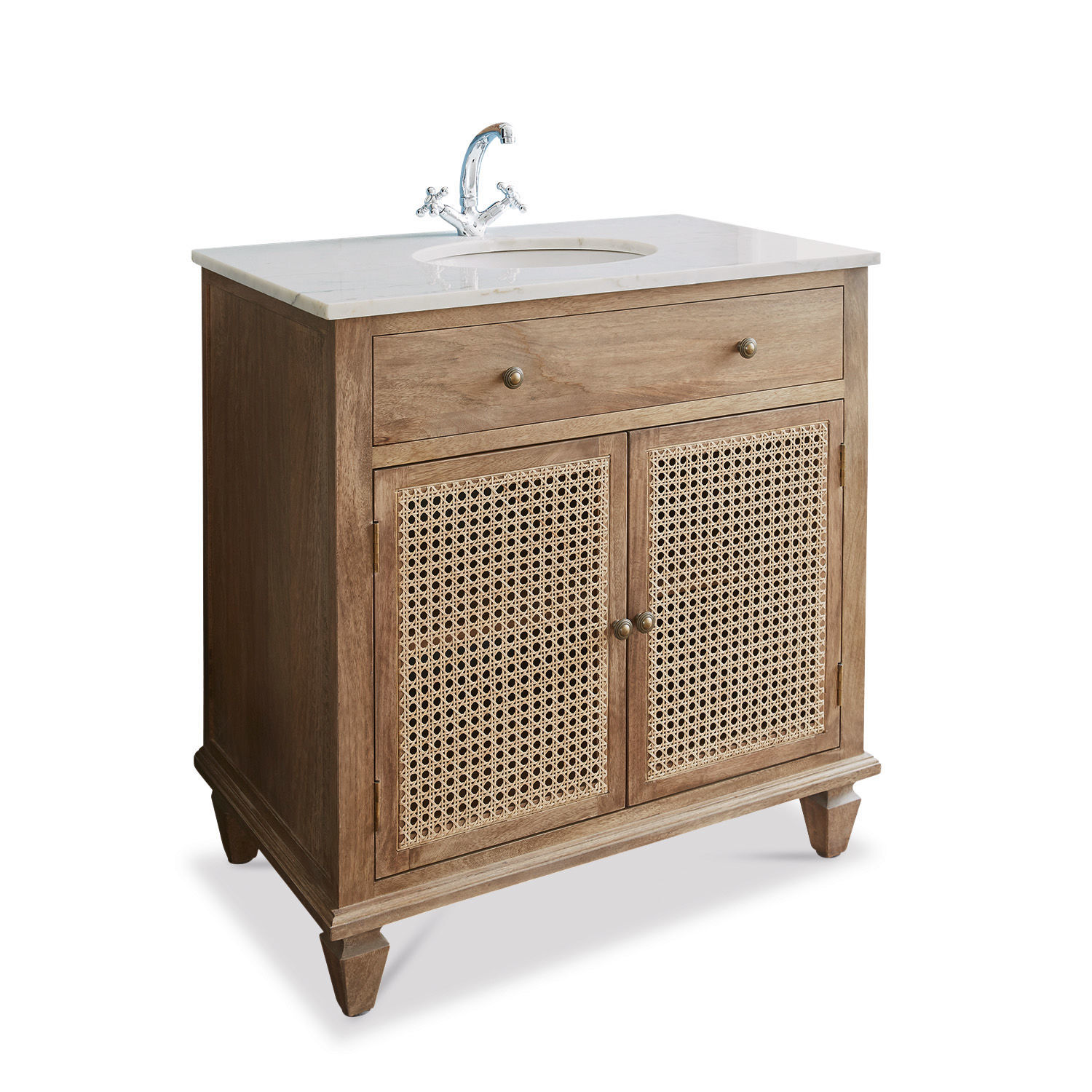 Lavabo Emyl Mueble de baño de madera y ratán con encimera de mármol blanco y grifo cromado