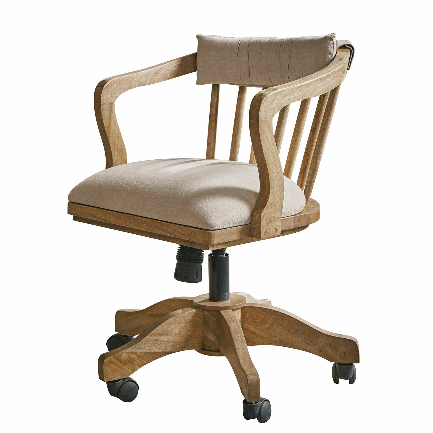 Silla de oficina giratoria de madera de mango con tapicería beige, estilo rústico para oficina en casa