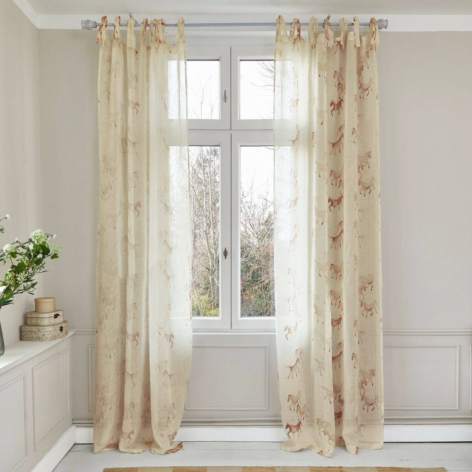 Cortina Windermay Cortinas ligeras beige con diseño de caballos en tejido natural, decoración elegante para ventana de salón