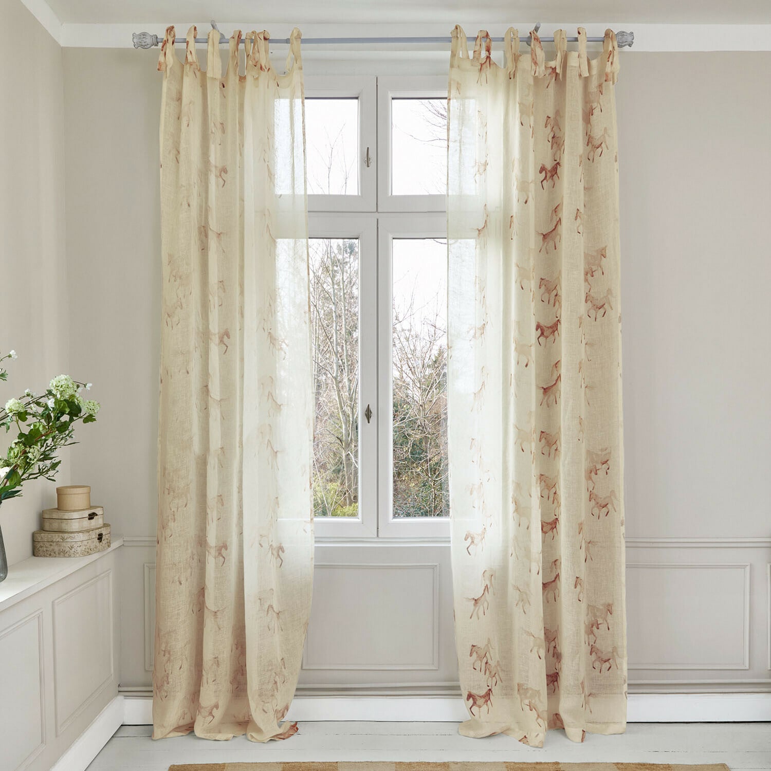 Cortina Windermay Cortinas ligeras beige con diseño de caballos en tejido natural, decoración elegante para ventana de salón