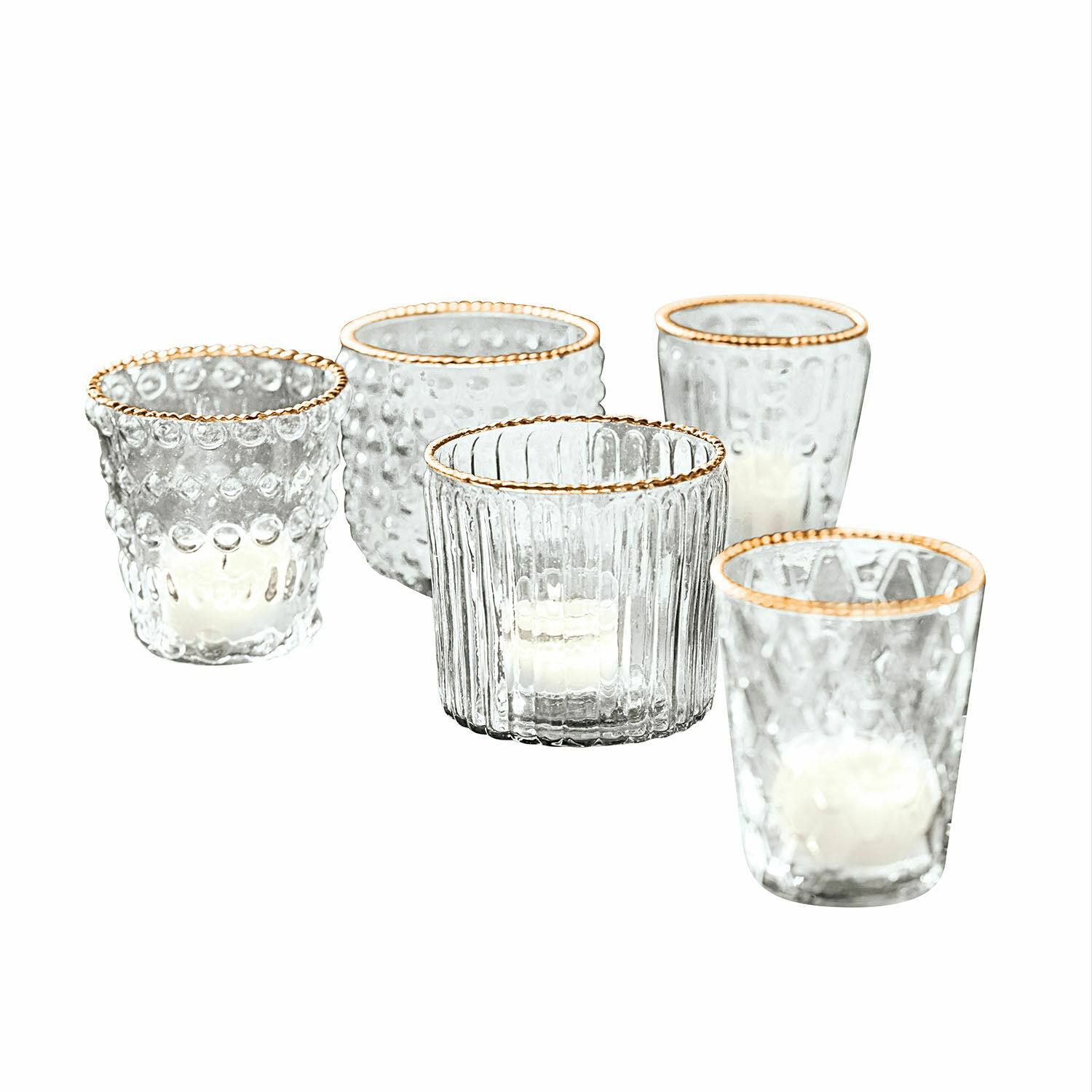 Set de 5 portavelas de vidrio transparente Jarnac con borde dorado para decoración interior elegante