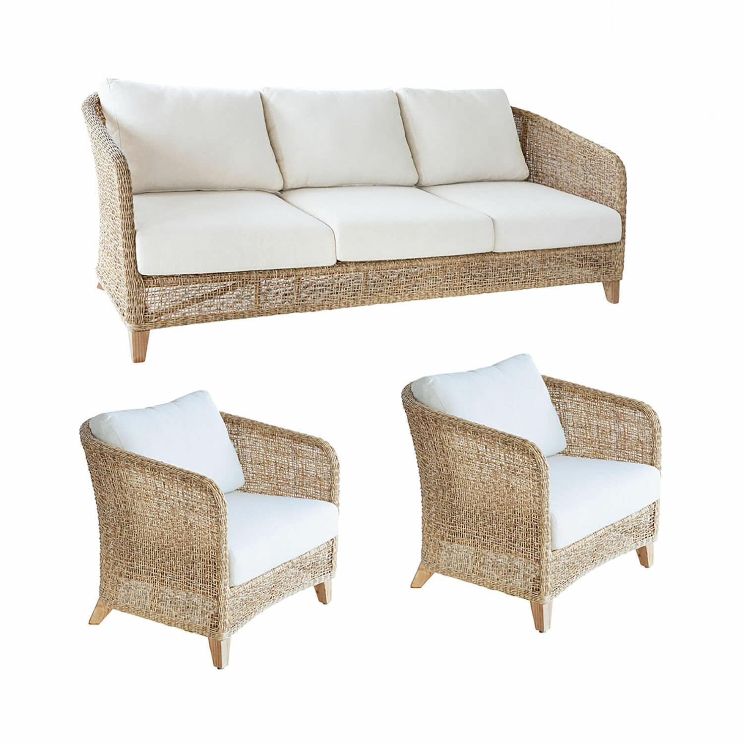 Grupo de asientos Clarivaux Conjunto de muebles de ratán natural con cojines blancos, sofá y sillones cómodos para sala