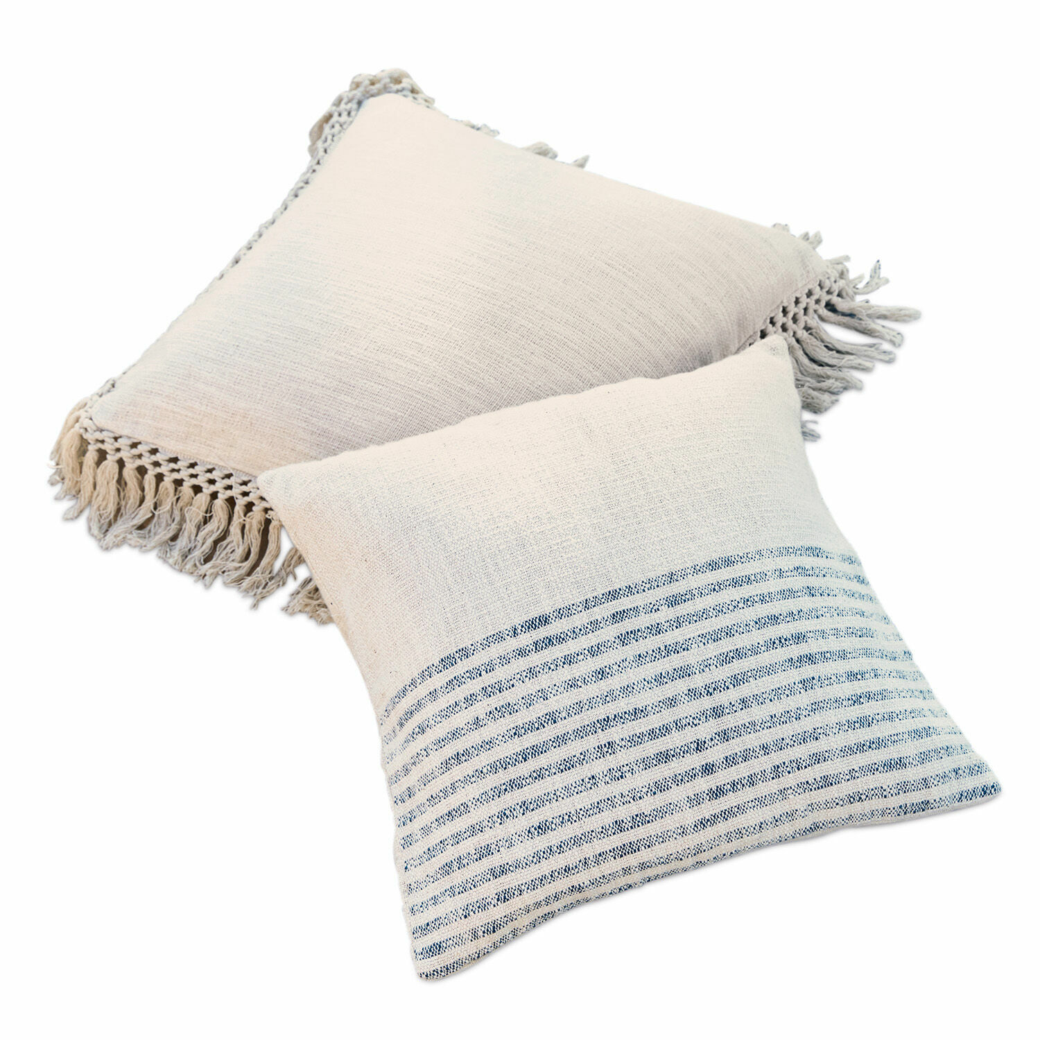 Set de 2 fundas de cojín Marpent Conjunto de dos cojines decorativos de algodón crema con flecos y rayas azules