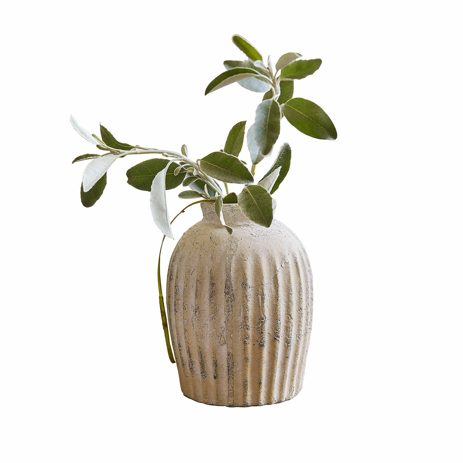 Jarrón Melissa Jarrón de cerámica beige con estrías y hojas verdes, decoración natural para interiores