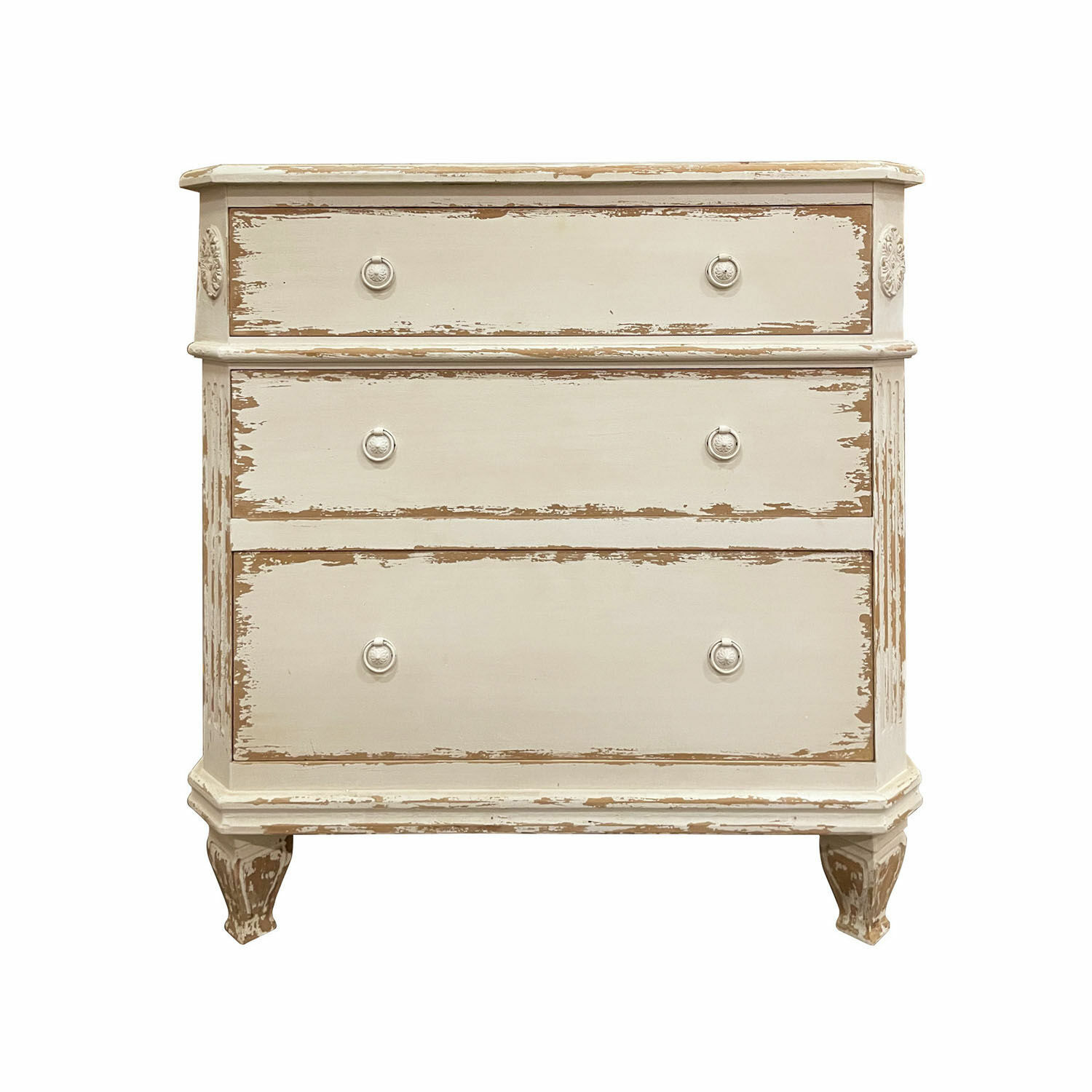 Cómoda Commeren de madera envejecida color crema antigua, mueble de almacenamiento vintage