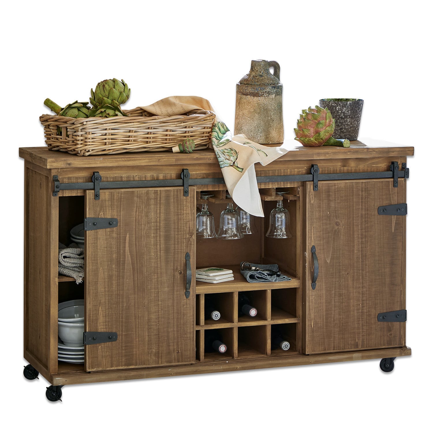 Cómoda Grasse Aparador de madera con ruedas, espacio para vino y copas, color natural, mueble funcional