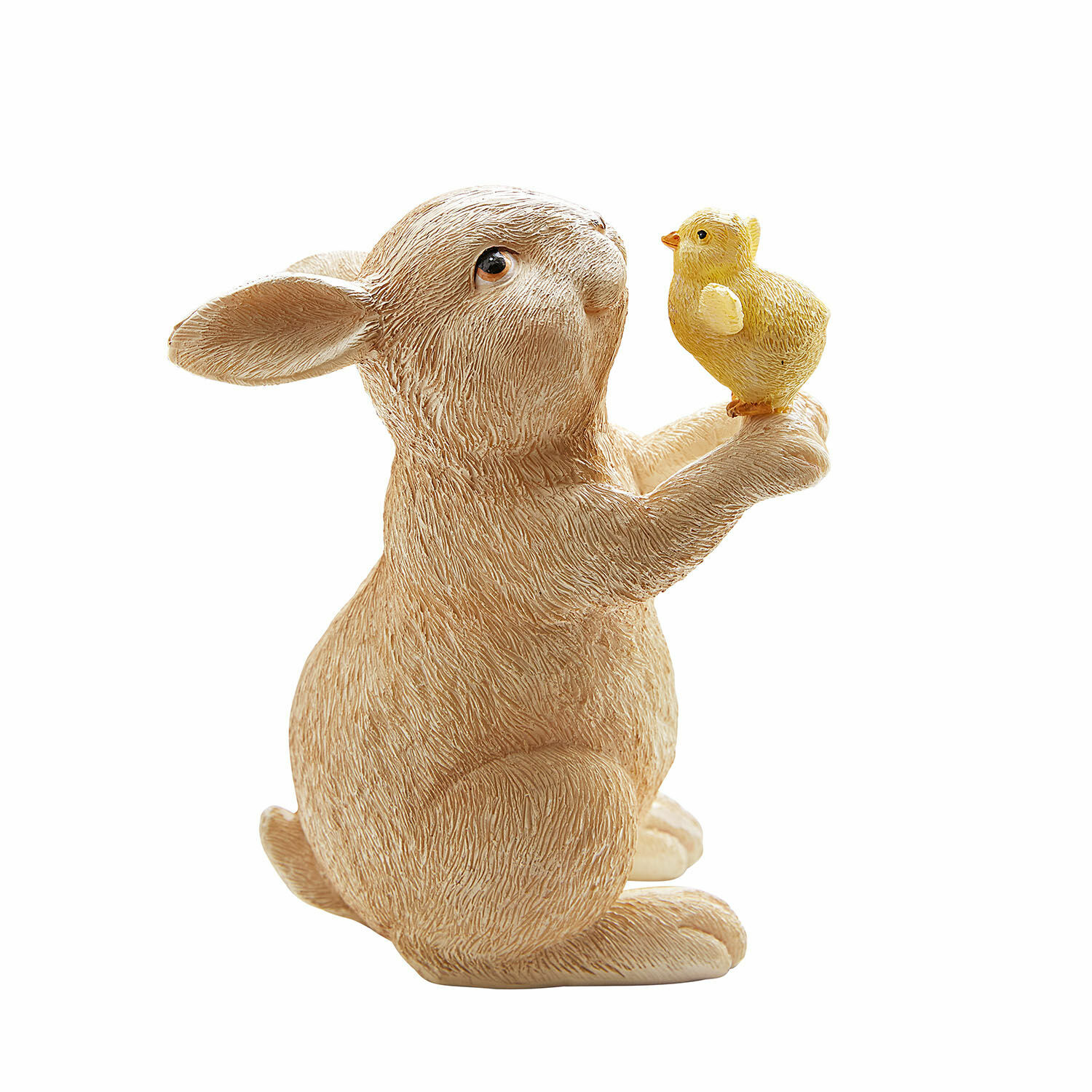 Conejo decorativo Raniah Figura de conejo beige de resina sosteniendo un pollito amarillo, decoración primaveral